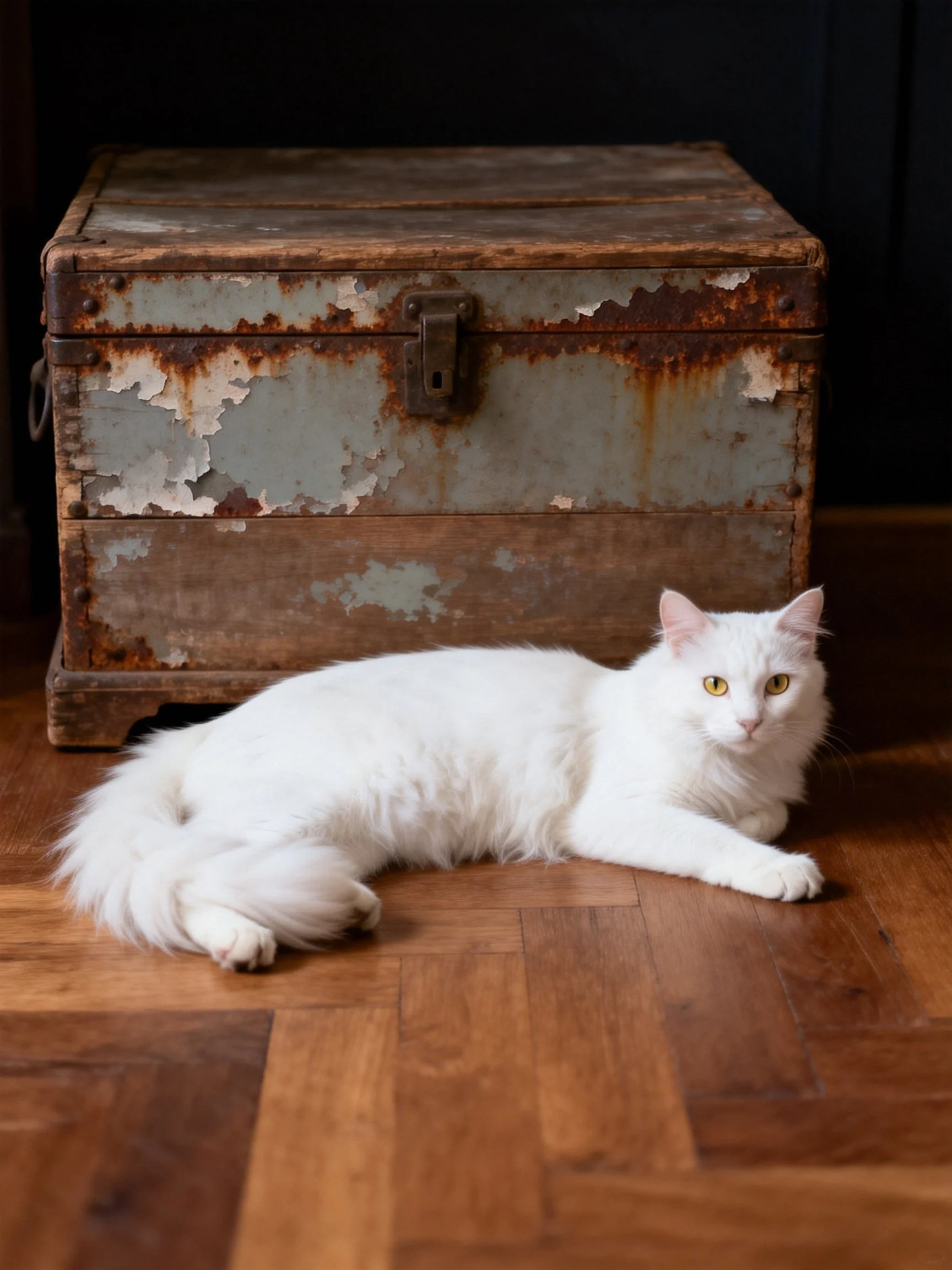 A white cat relaxes beside an old, rusted storage chest on wood flooring.