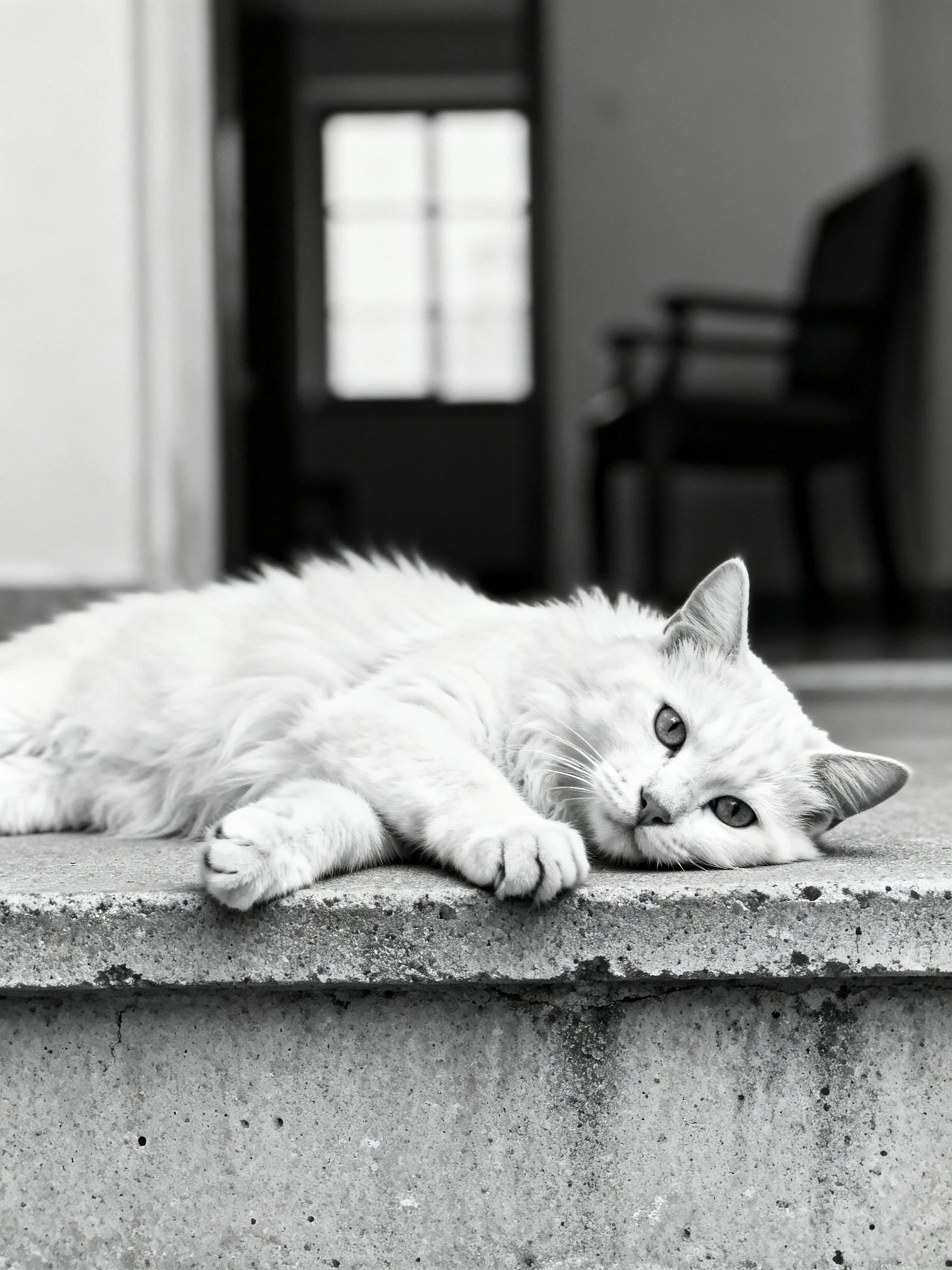 A white cat relaxes on a concrete ledge in a black and white interior space.