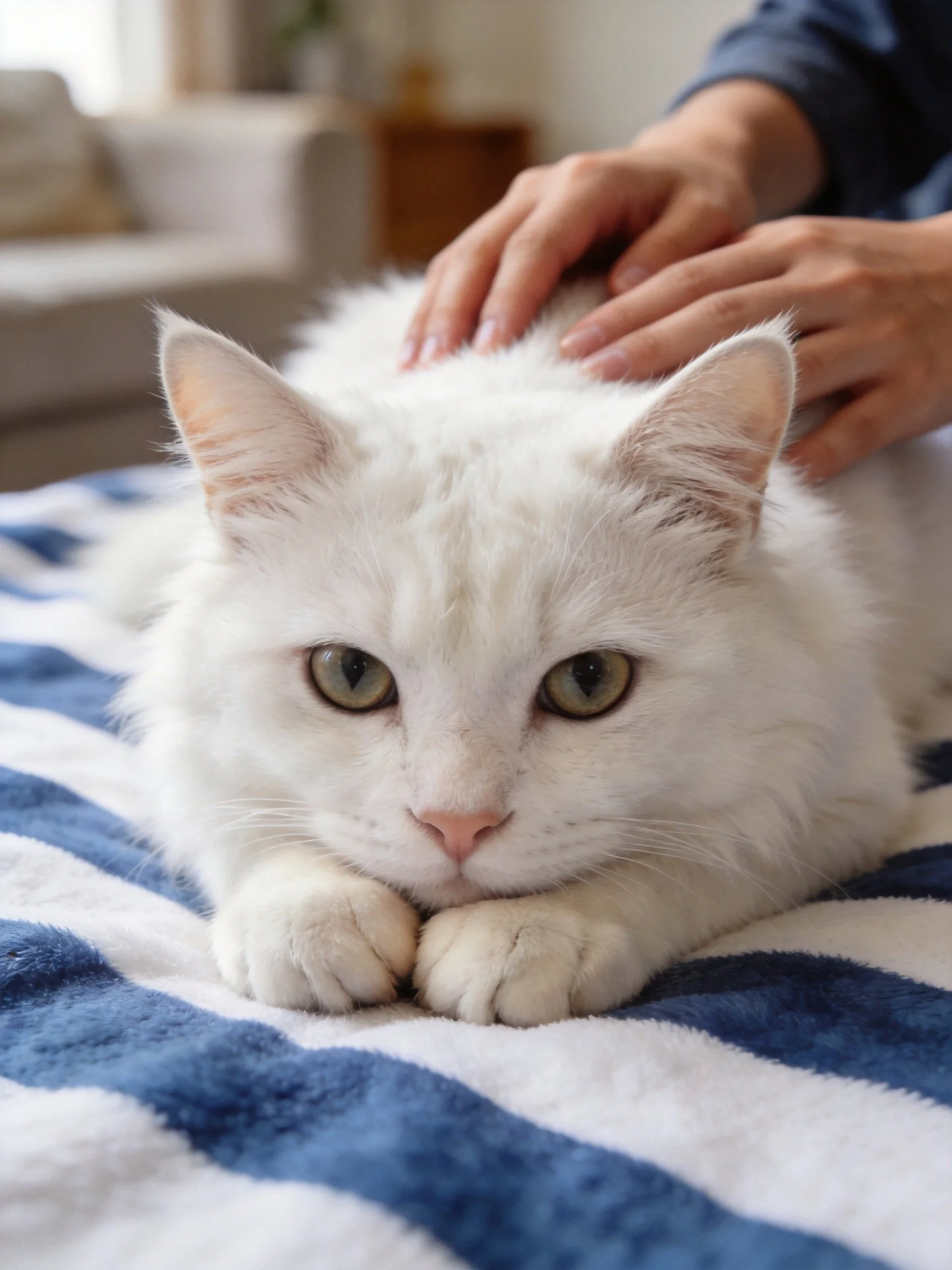 A fluffy white cat rests on a blue - white striped towel while being petted.