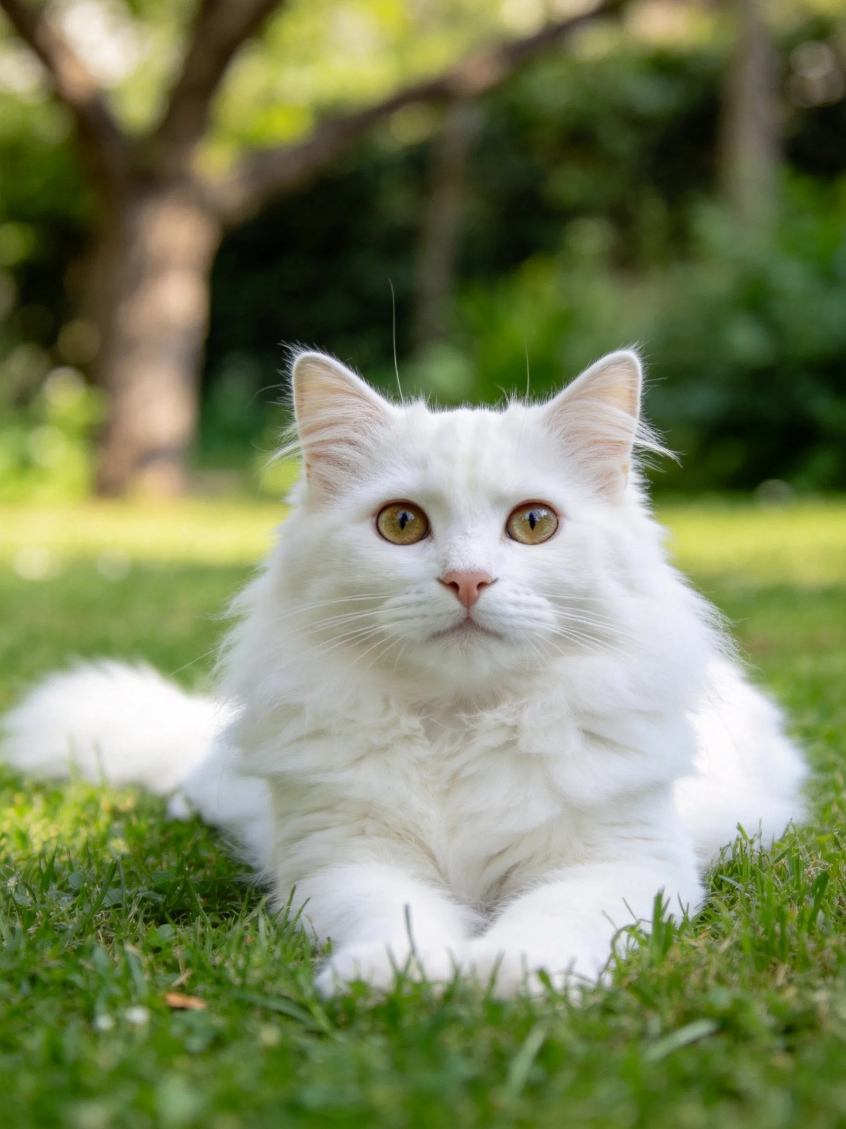 Fluffy white cat rests peacefully on green grass in nature.