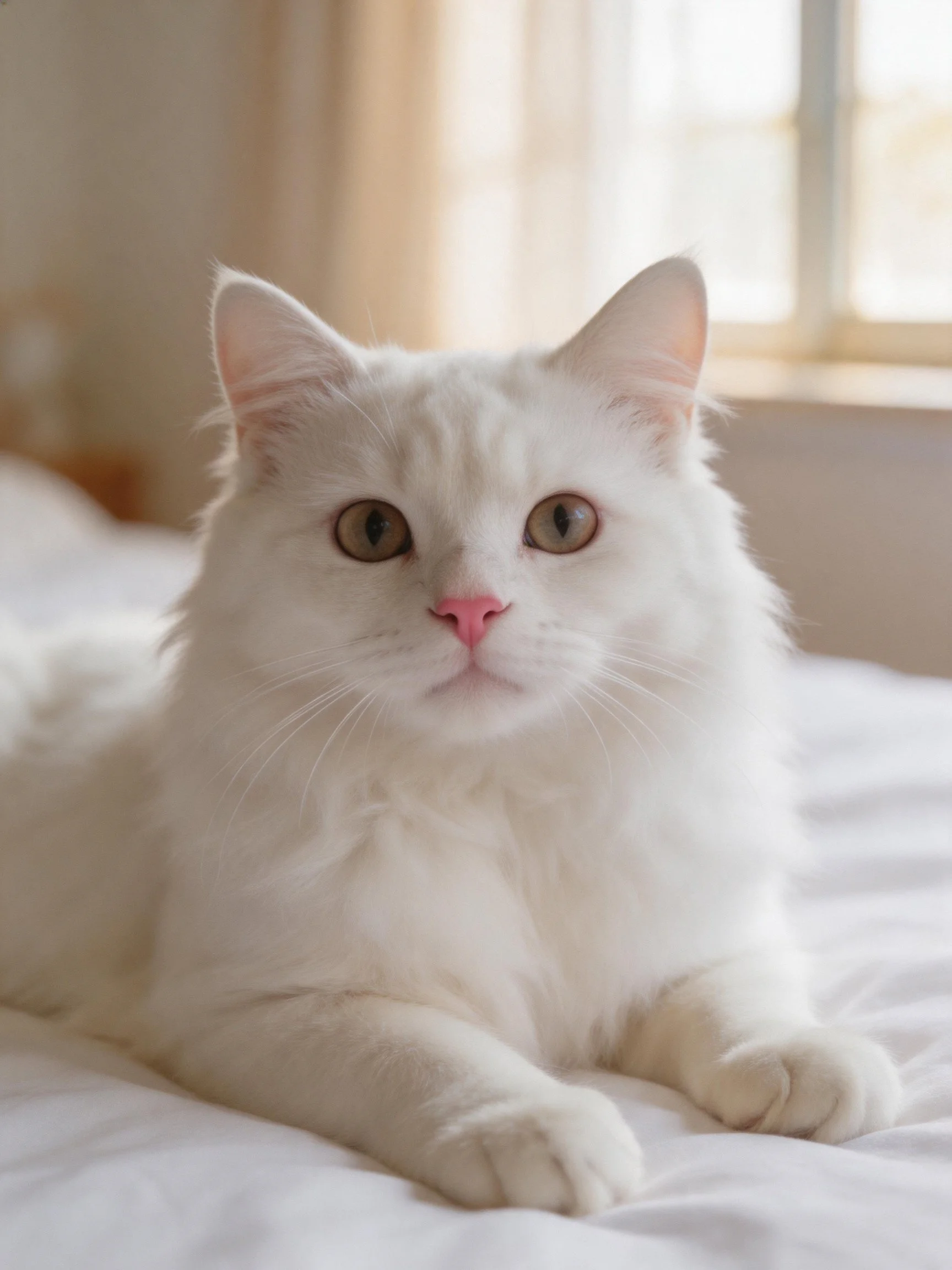 A fluffy white cat calms on a bed in a sunlit indoor space.