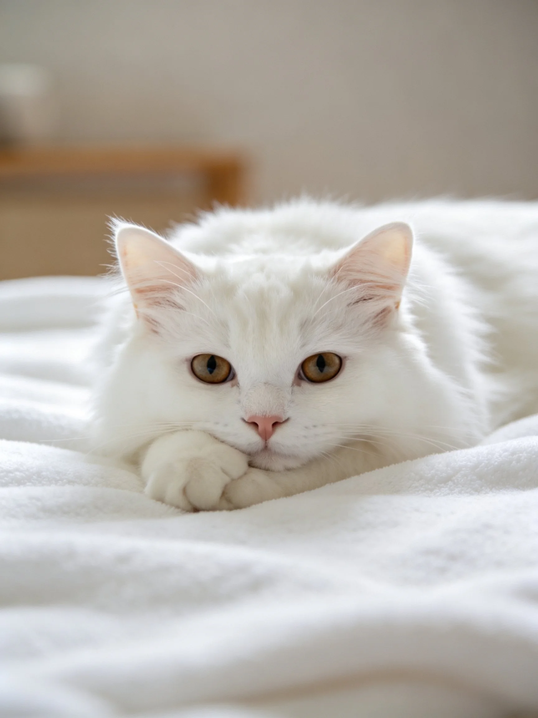 A white cat relaxes on soft bedding in an indoor setting.
