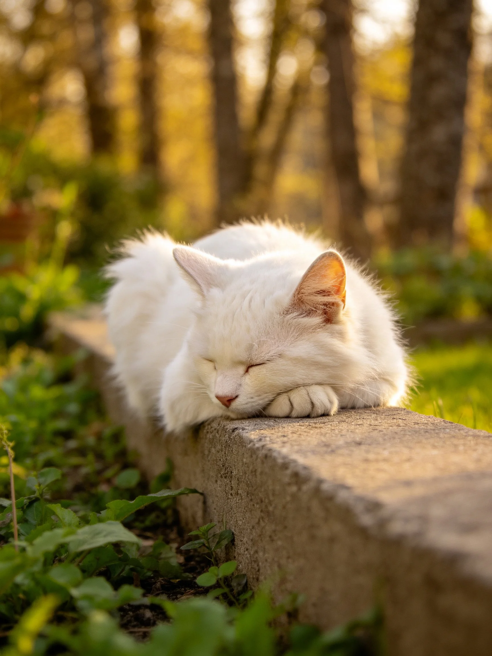 Fluffy white cat rests peacefully on stone ledge amid greenery and trees.
