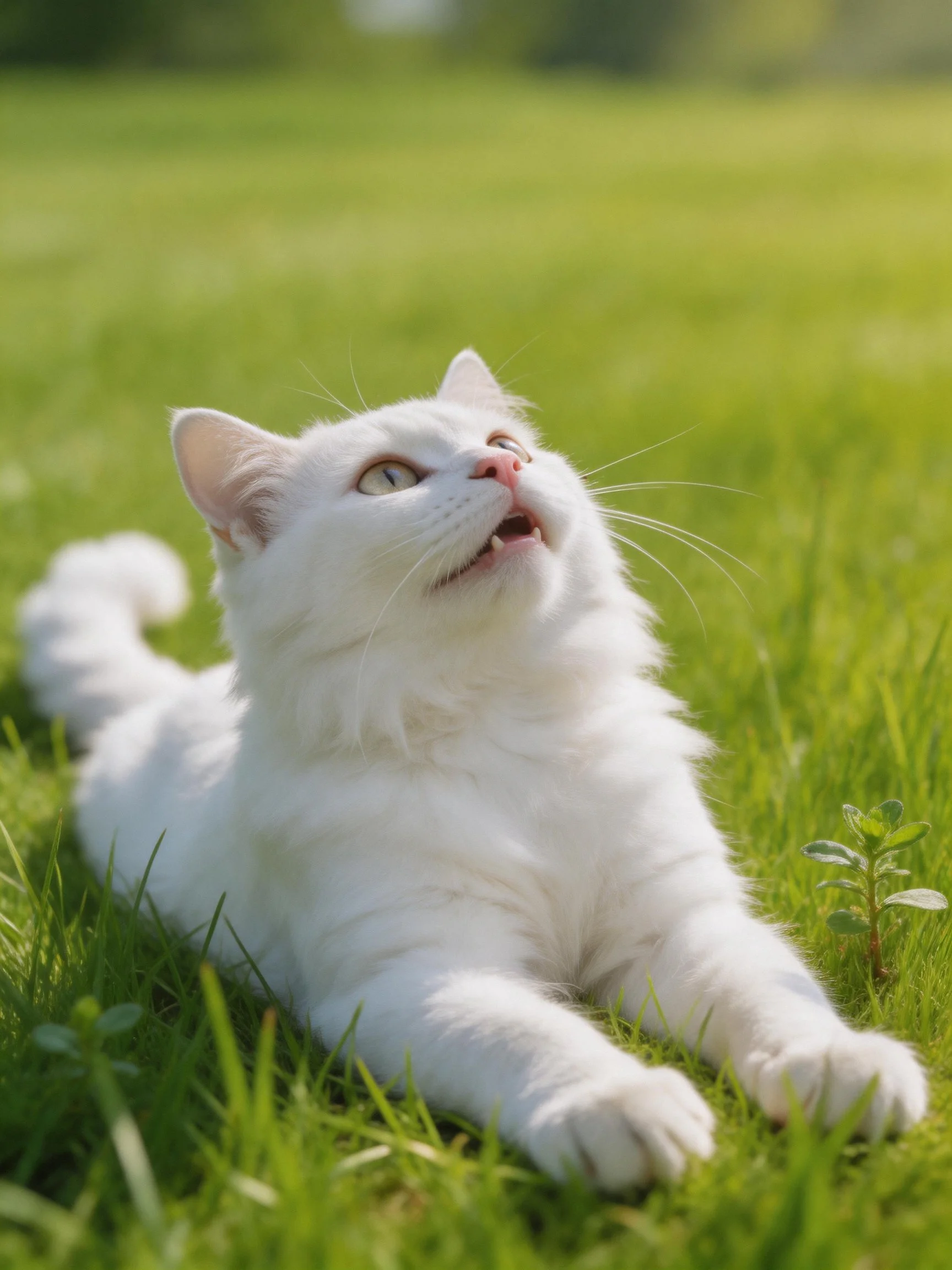 A white cat relaxes on lush green grass in bright daylight.