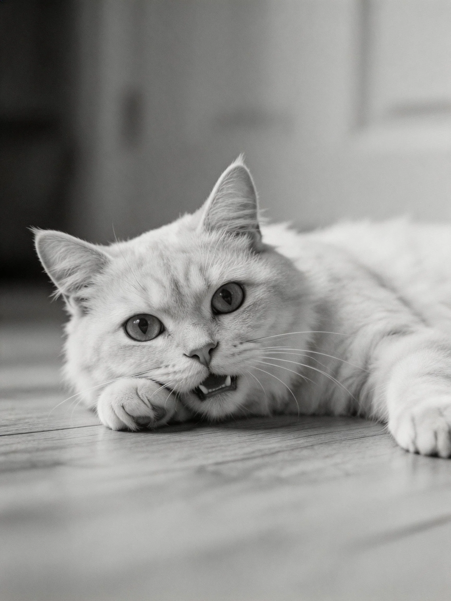 Fluffy white cat resting on wooden floor in soft light