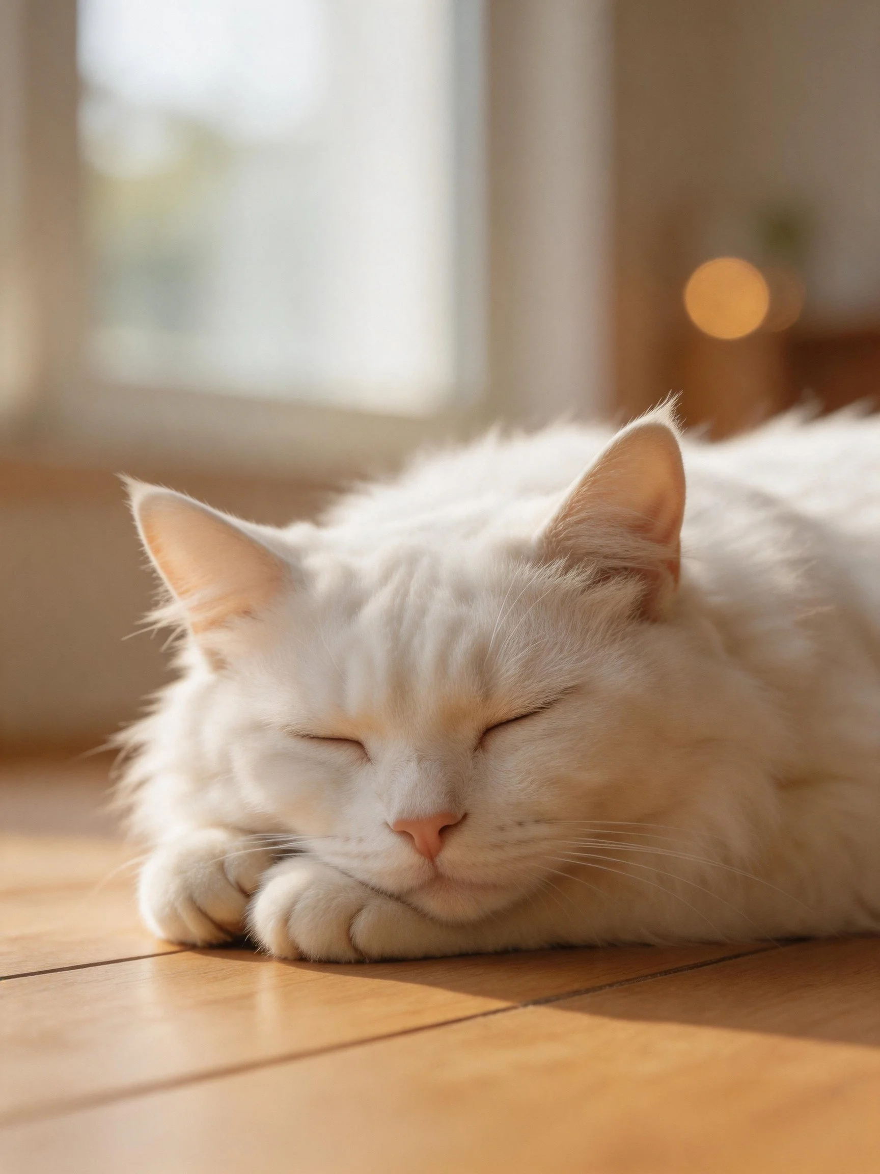 Fluffy white cat resting on wooden flooring by a bright window