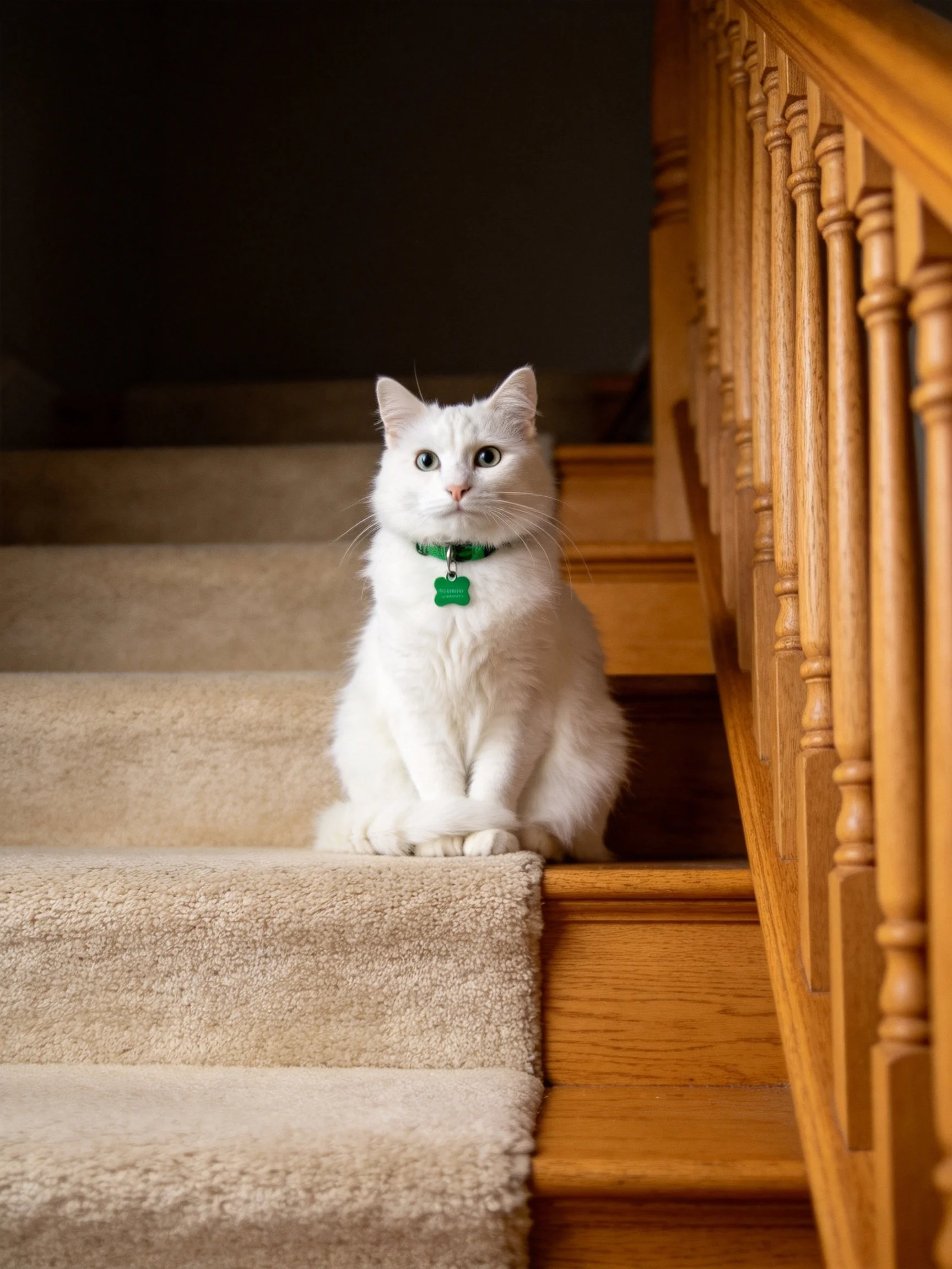Fluffy white cat sits on carpeted stairs near wooden railings