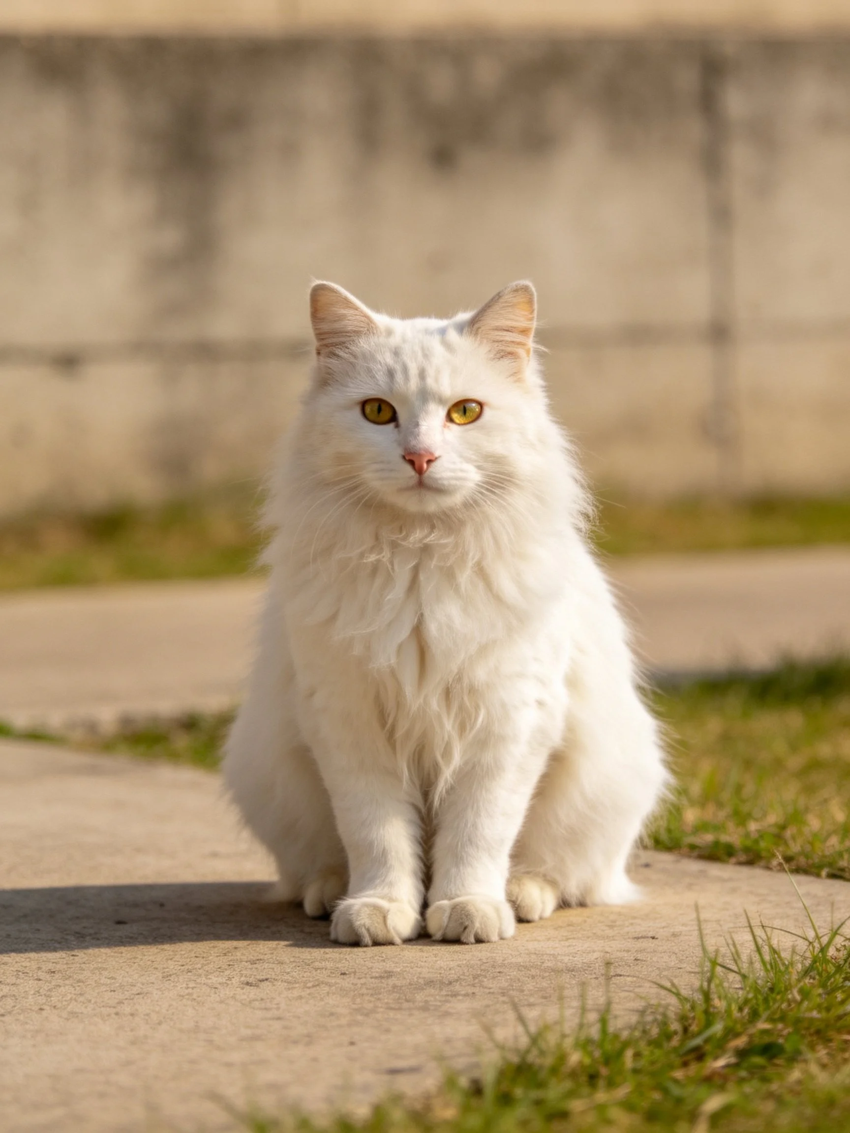 Fluffy white cat sits on concrete path near grass