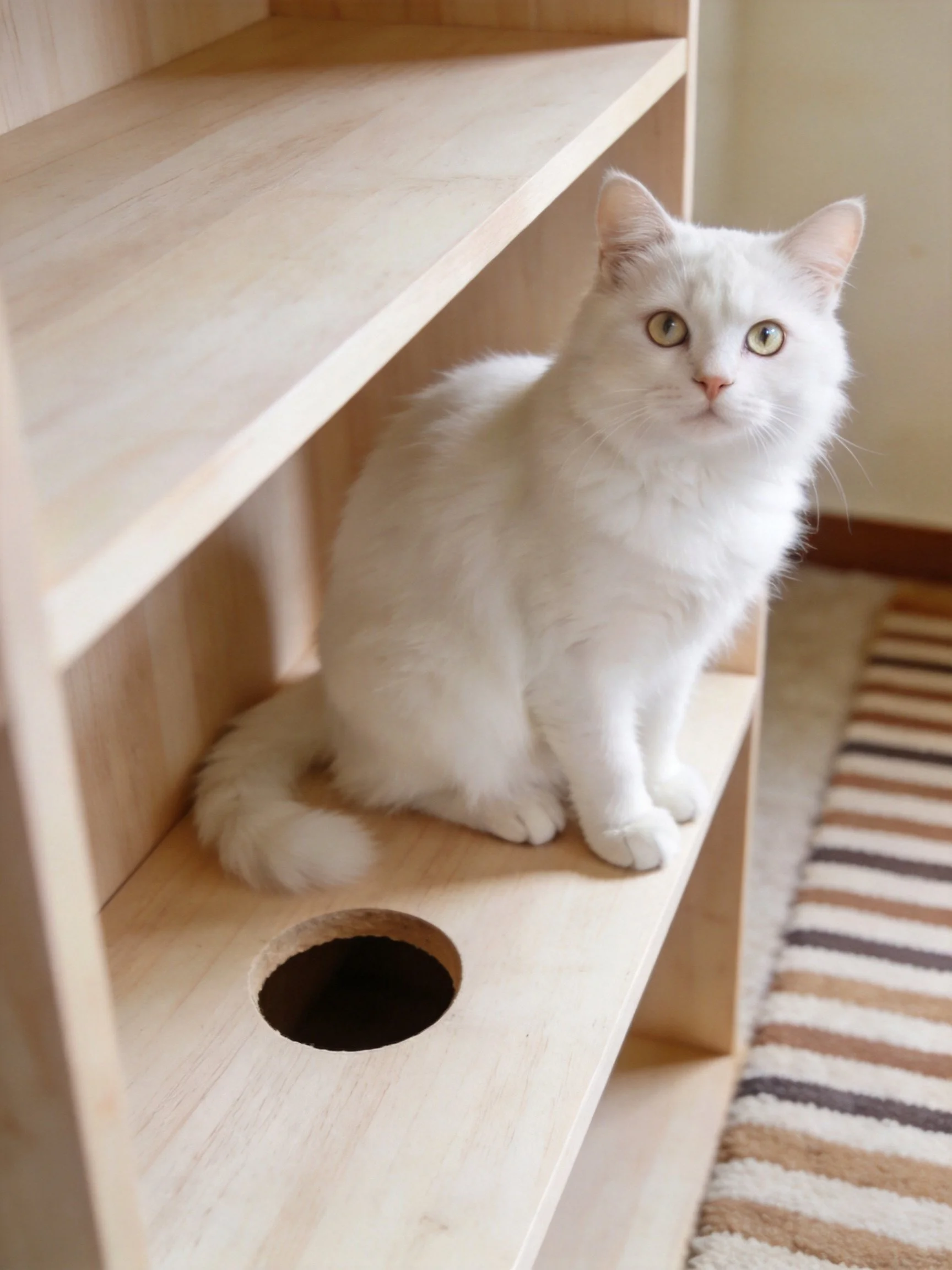 A white cat sits on a wooden shelf with a circular opening.