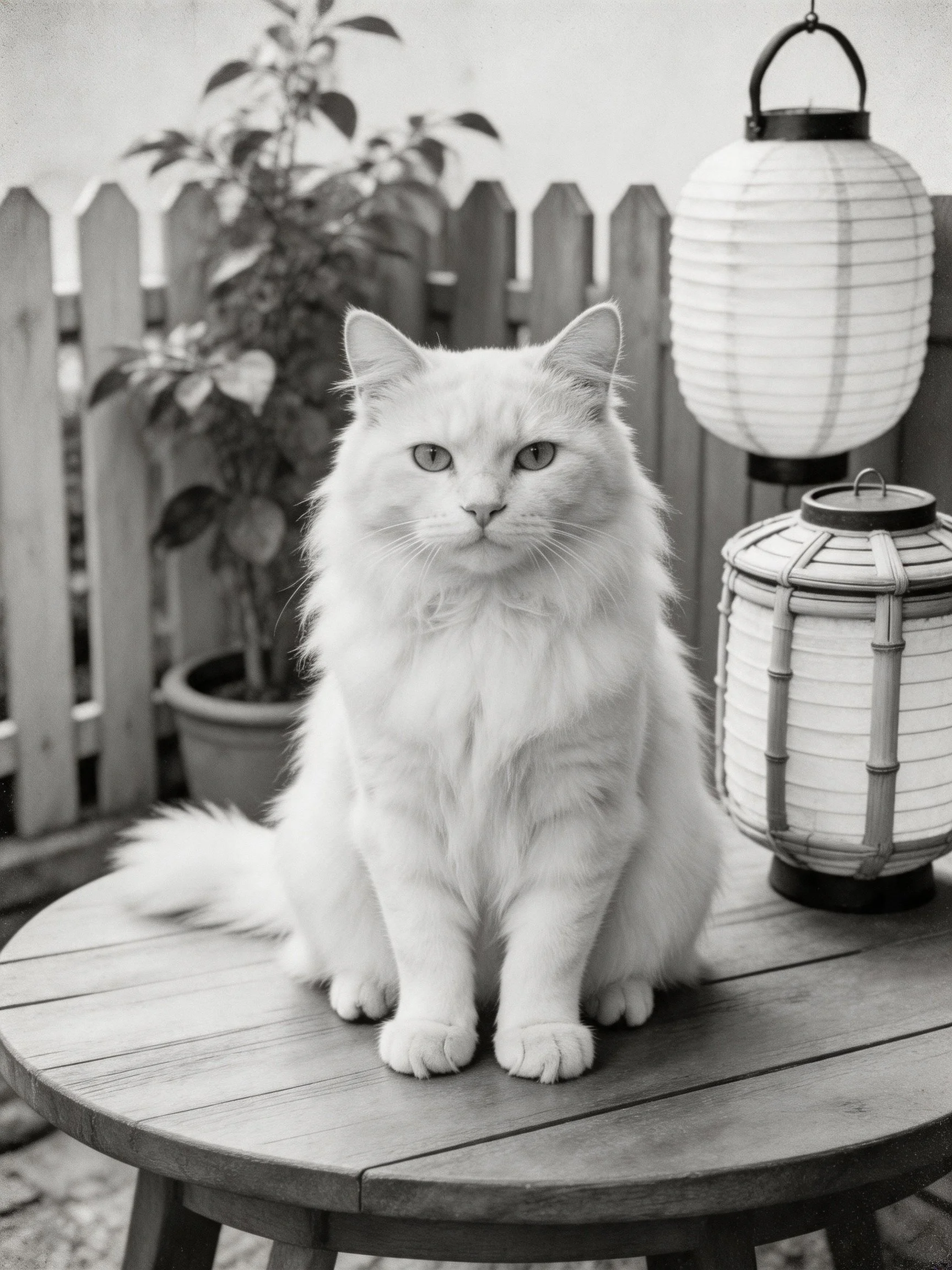 Fluffy white cat on wooden table with lanterns and potted plant in background