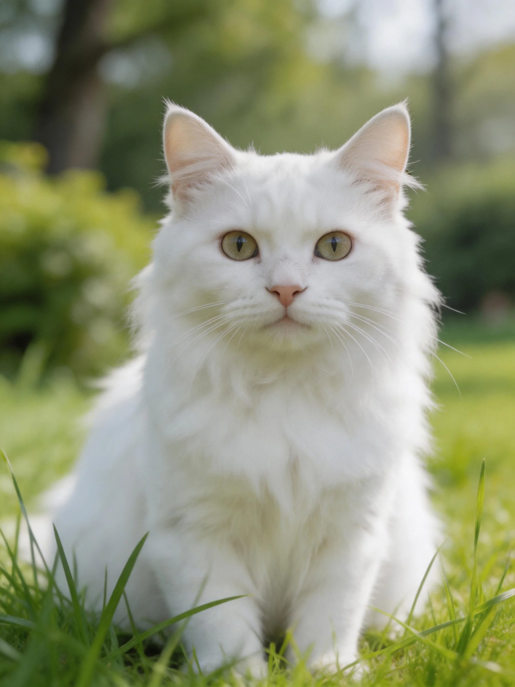 A fluffy white cat sits calmly on green grass in an outdoor setting.