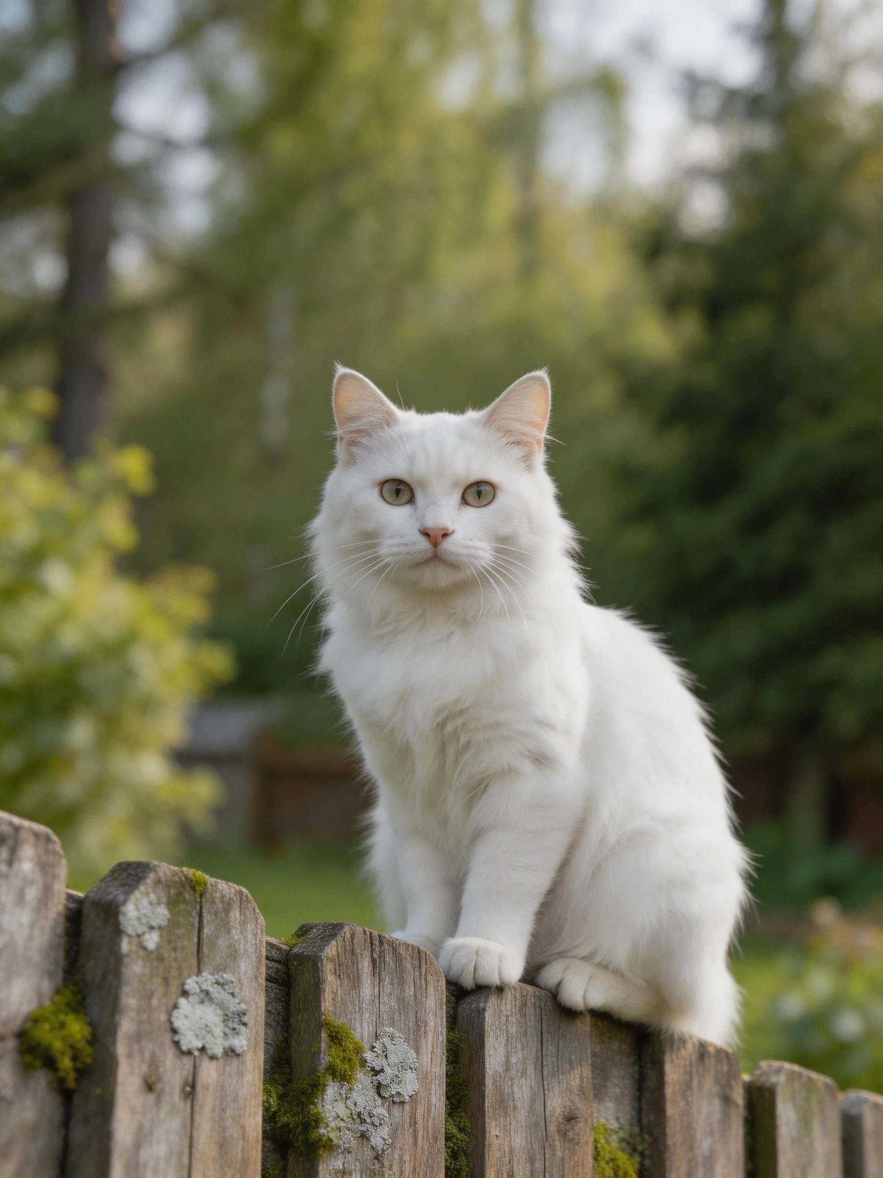 Fluffy white cat sitting on weathered wooden fence in lush green area