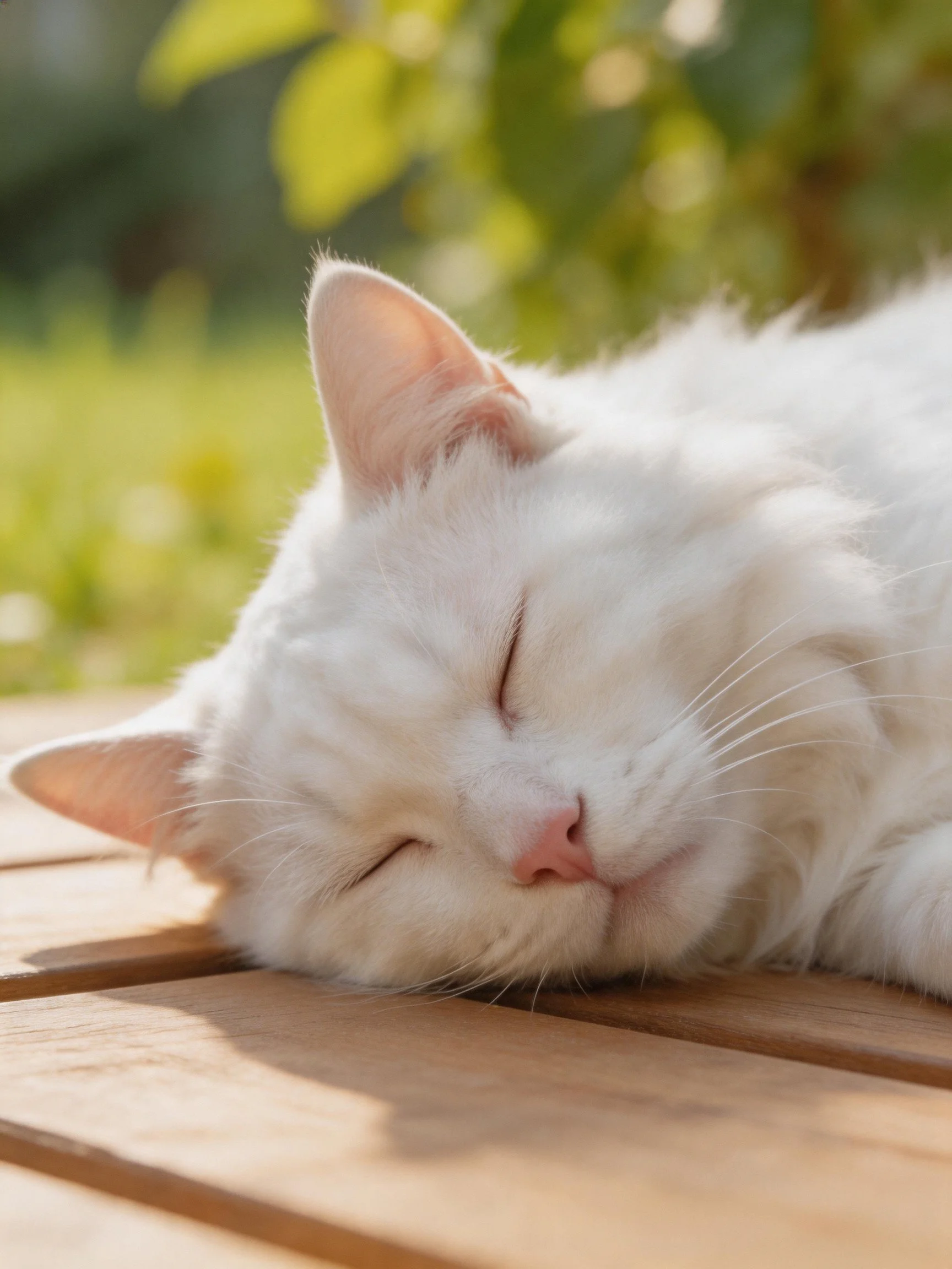 Fluffy white cat sleeping on a wooden outdoor table