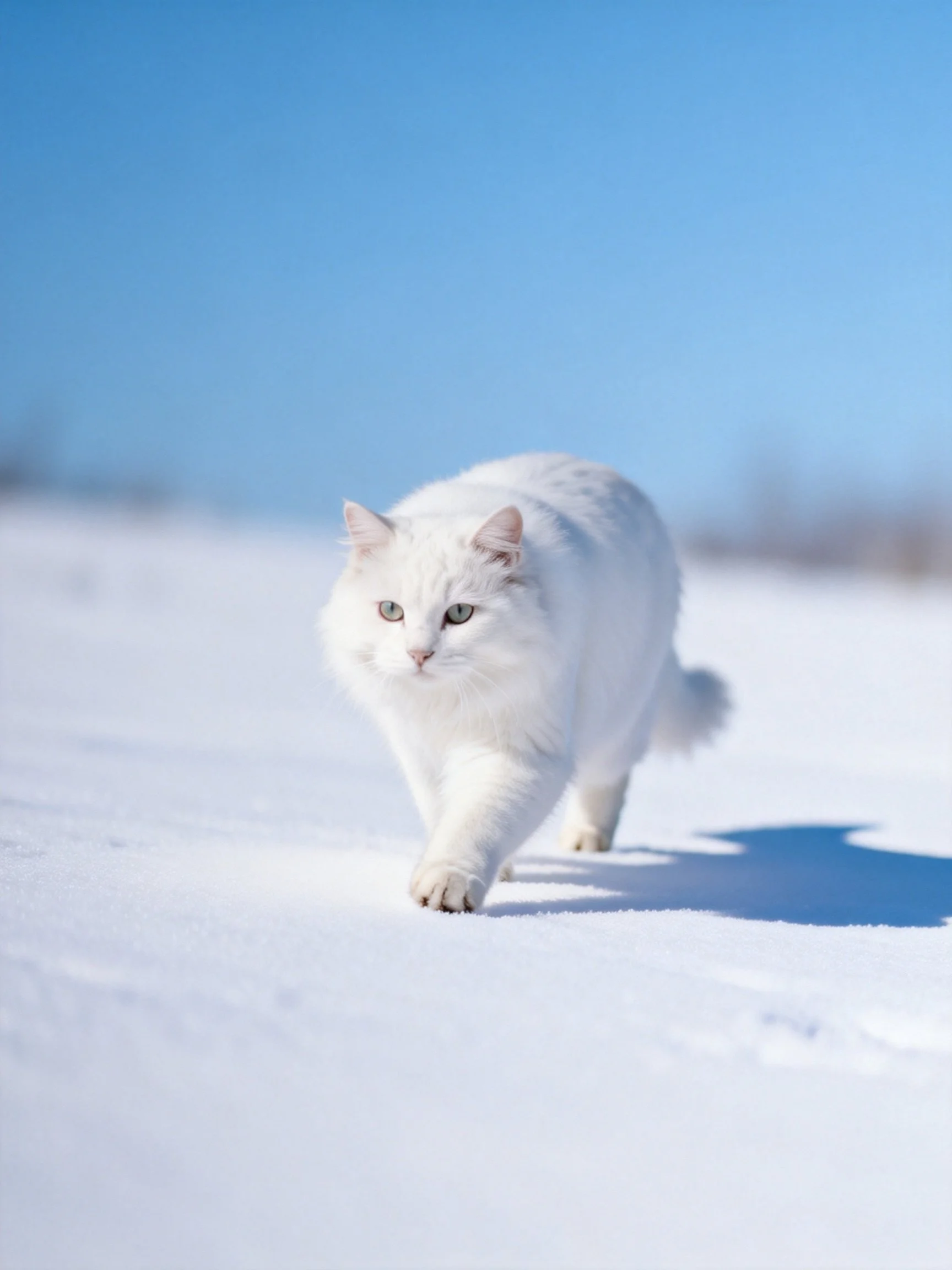 Fluffy white cat walking through bright snowy landscape