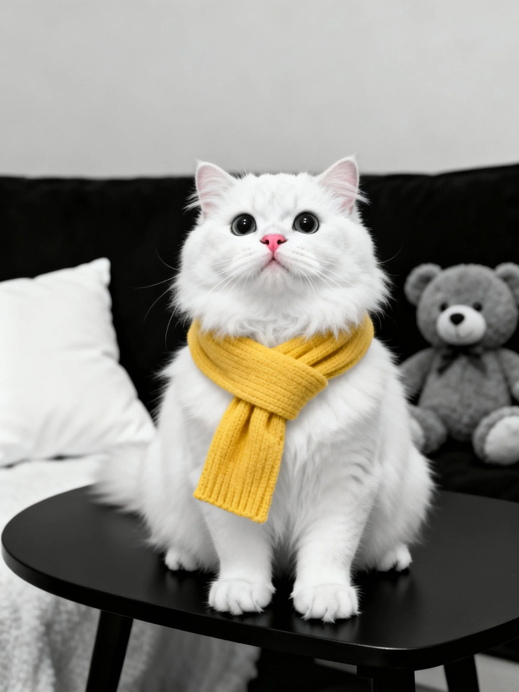 Fluffy white cat wearing a mustard yellow scarf sits on a black table