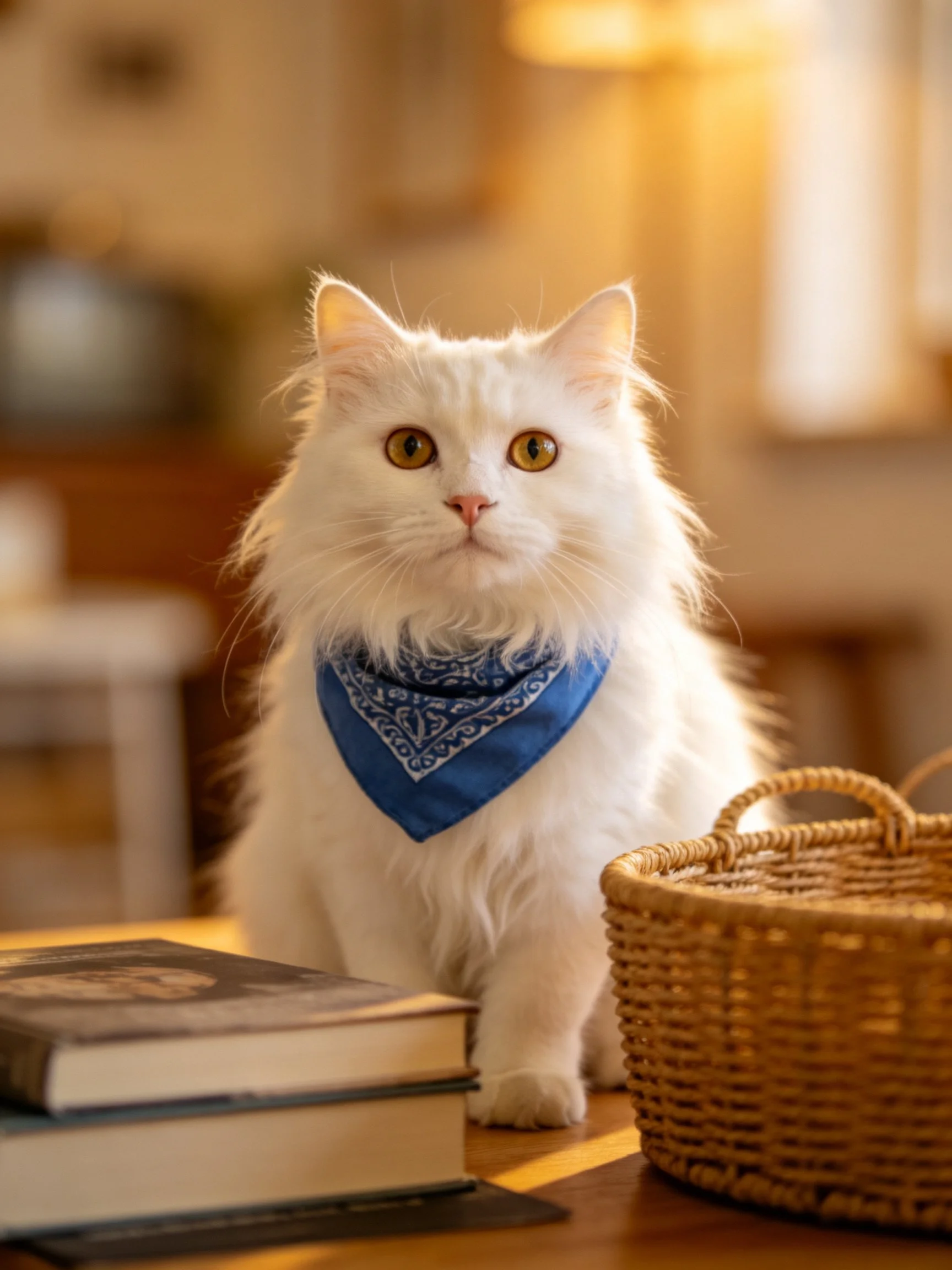 Fluffy white cat with blue bandana near stacked books and wicker basket