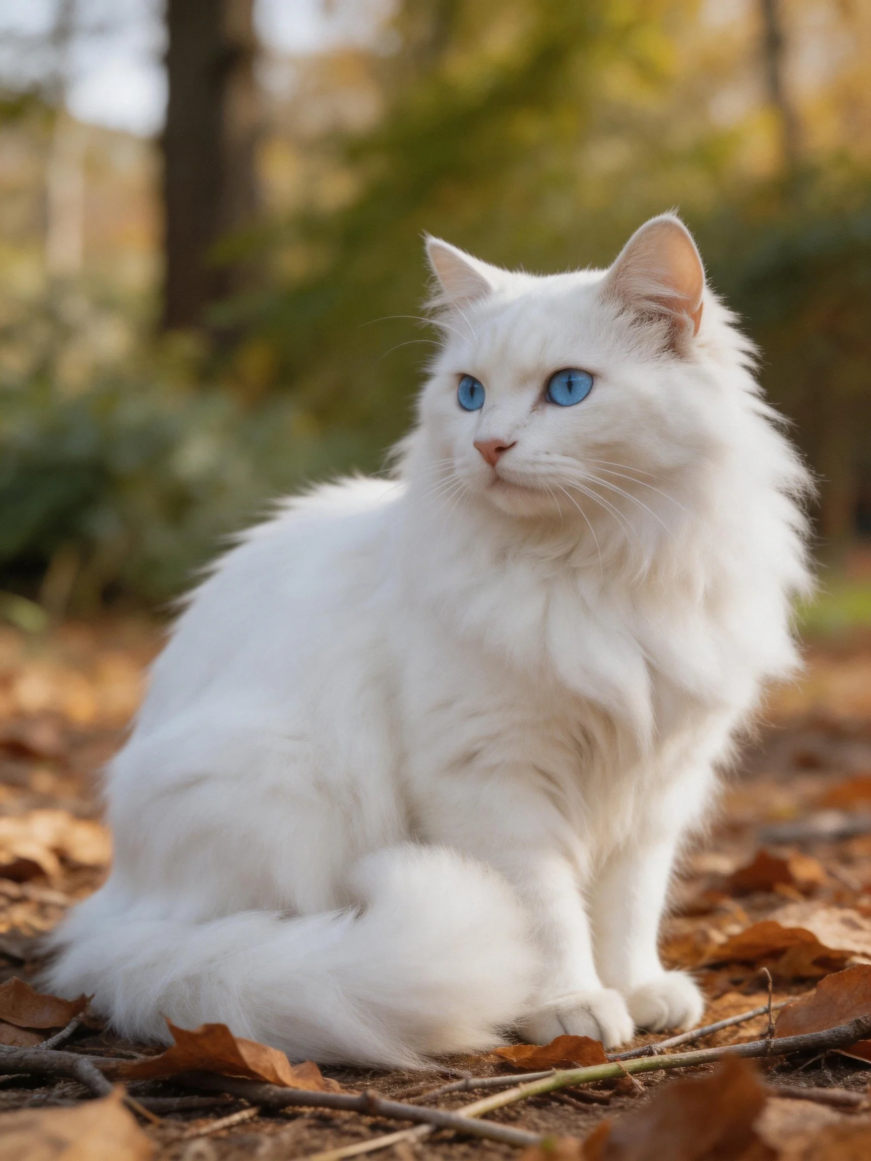 Fluffy white cat with blue eyes sits on autumn leaves in a wooded area.