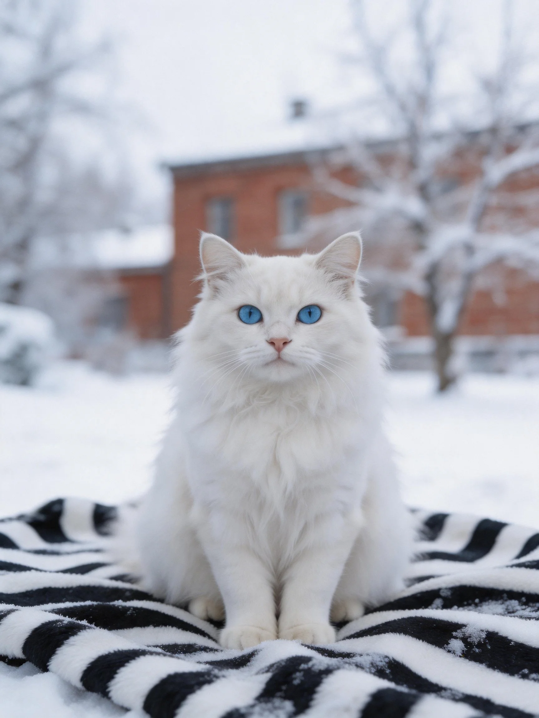 Fluffy white cat with blue eyes sits on striped blanket in snowy setting.