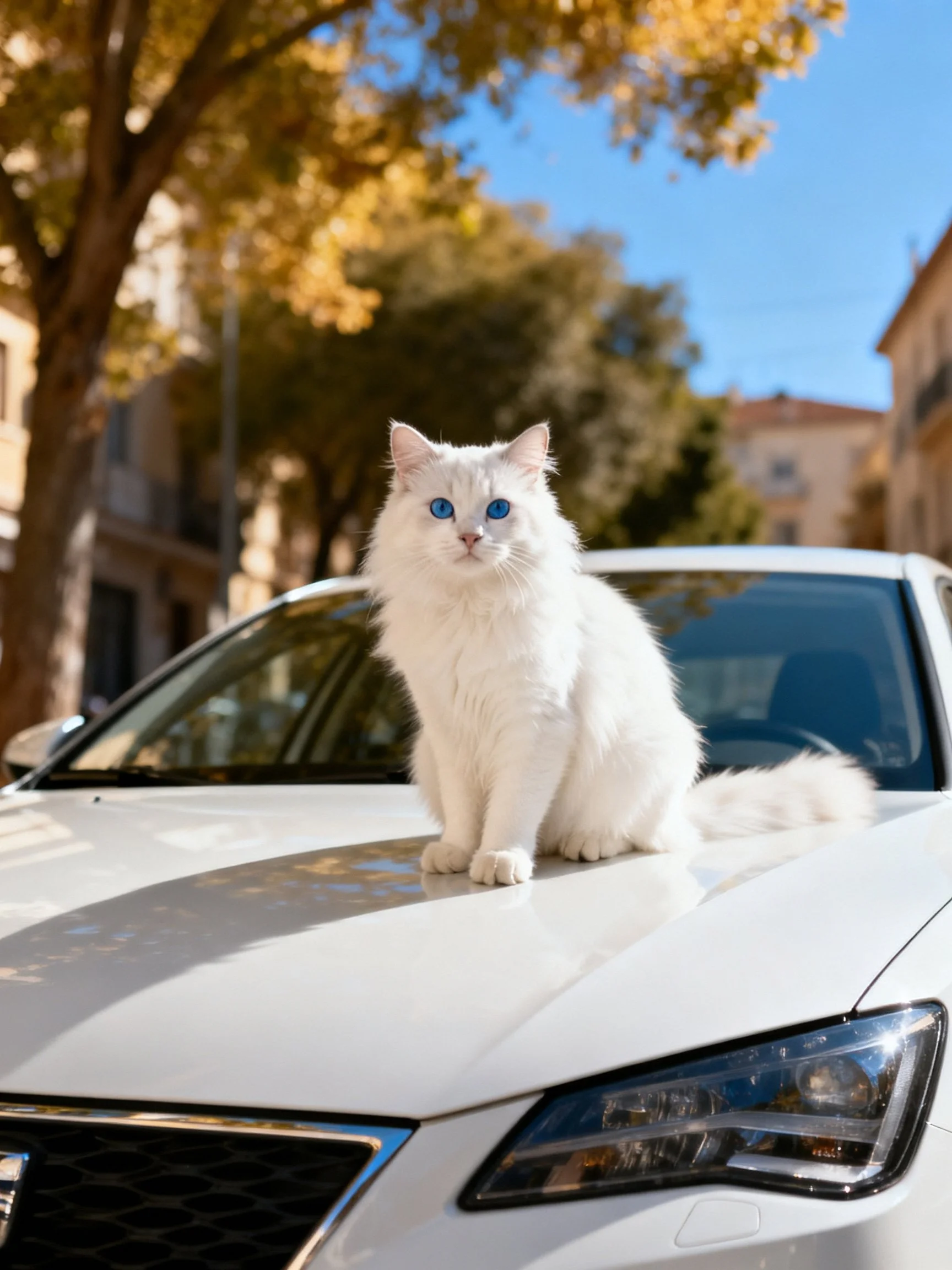 A white cat with blue eyes sits on a car in a sunny urban area.