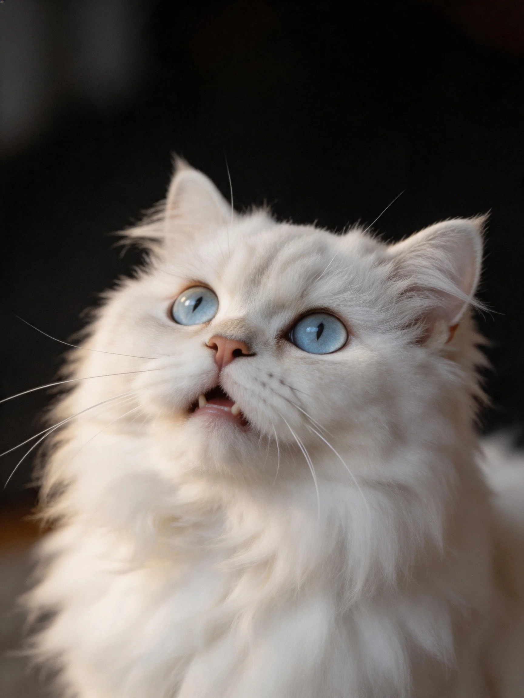Fluffy white cat with bright blue eyes gazes upward