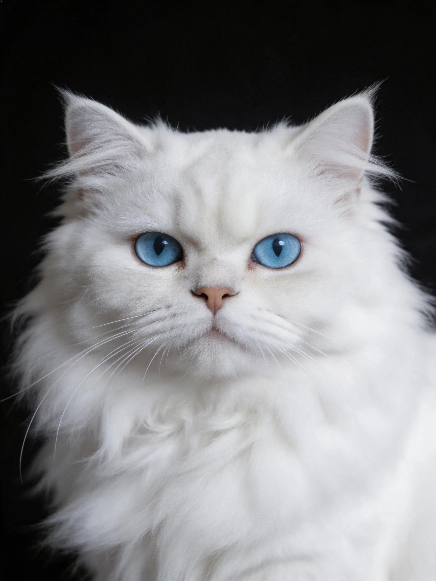A fluffy white cat with bright blue eyes stares intently at the viewer.