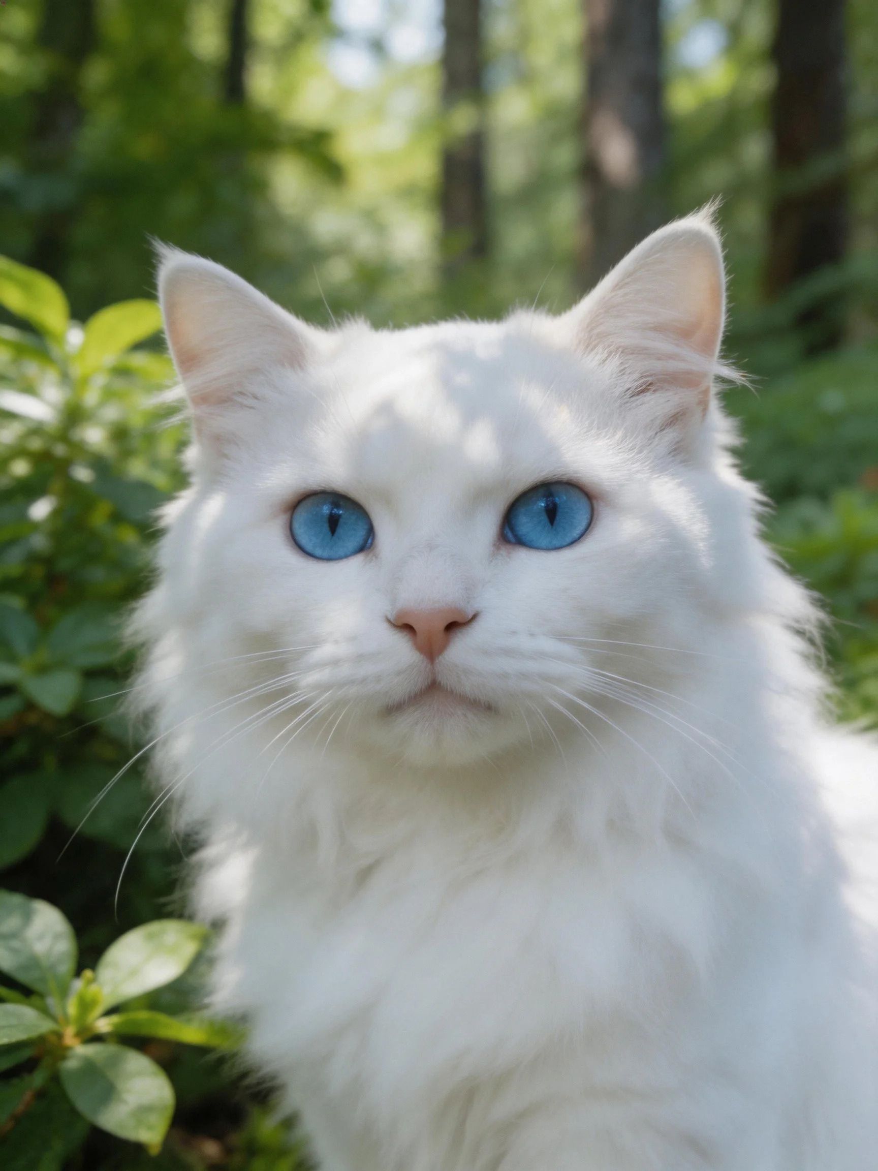 A white cat with blue eyes is surrounded by greenery in a sunlit forest.