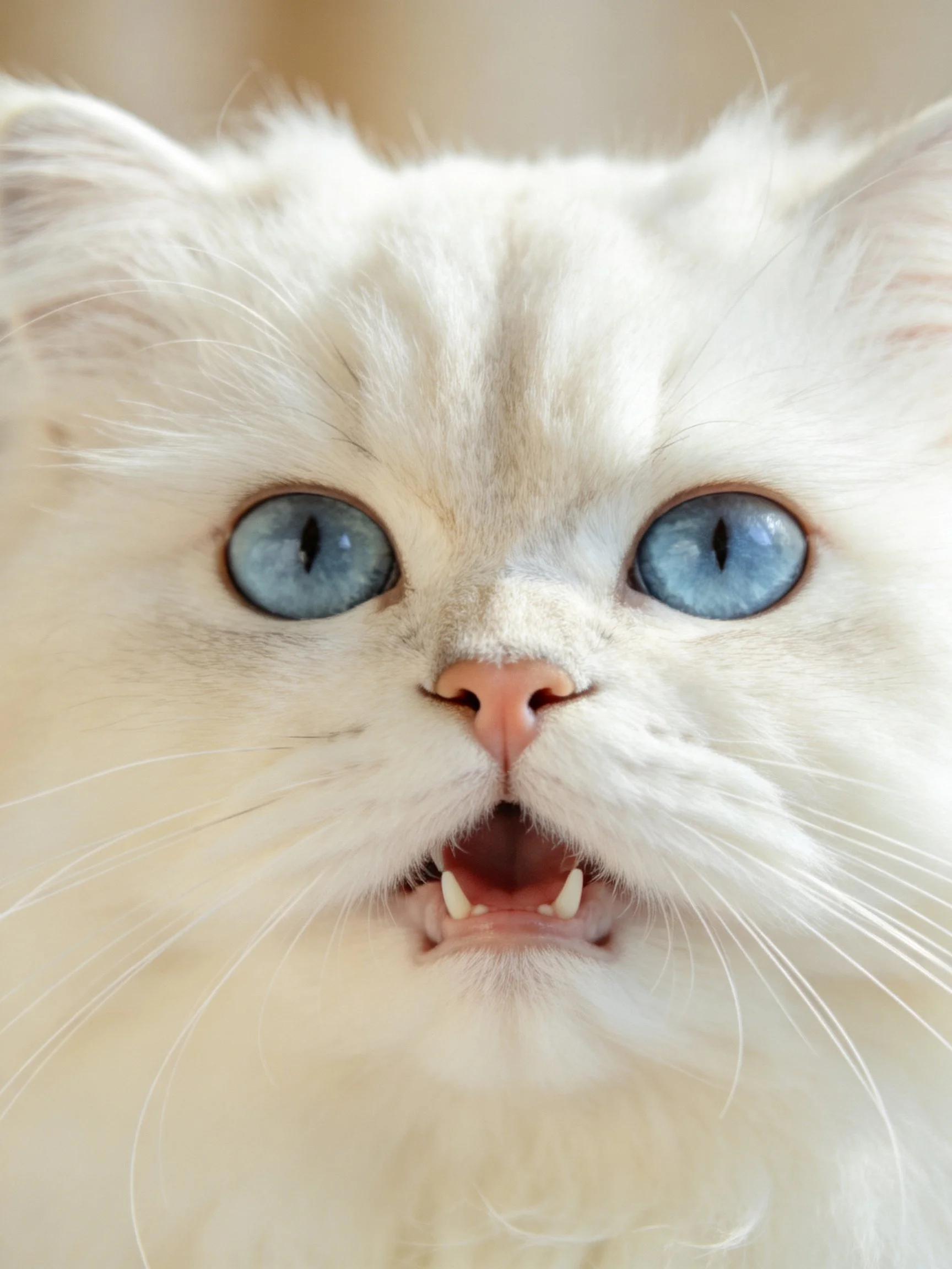 A fluffy white cat with bright blue eyes is shown in a close-up shot.