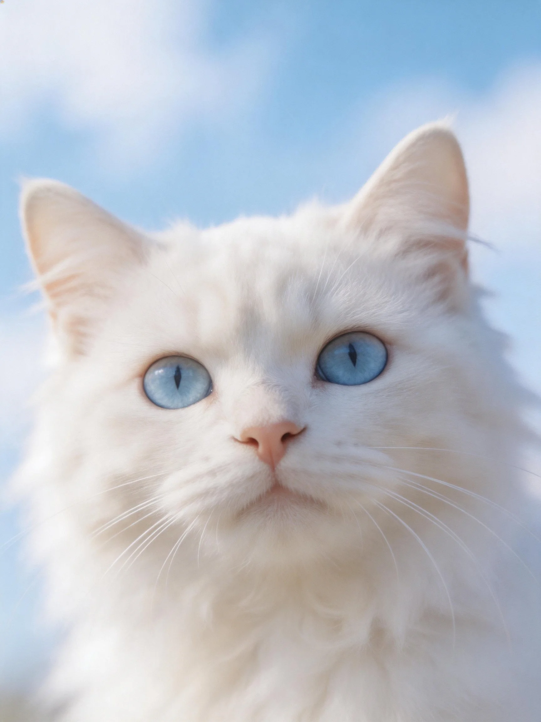 A fluffy white cat with blue eyes is near a clear sky.