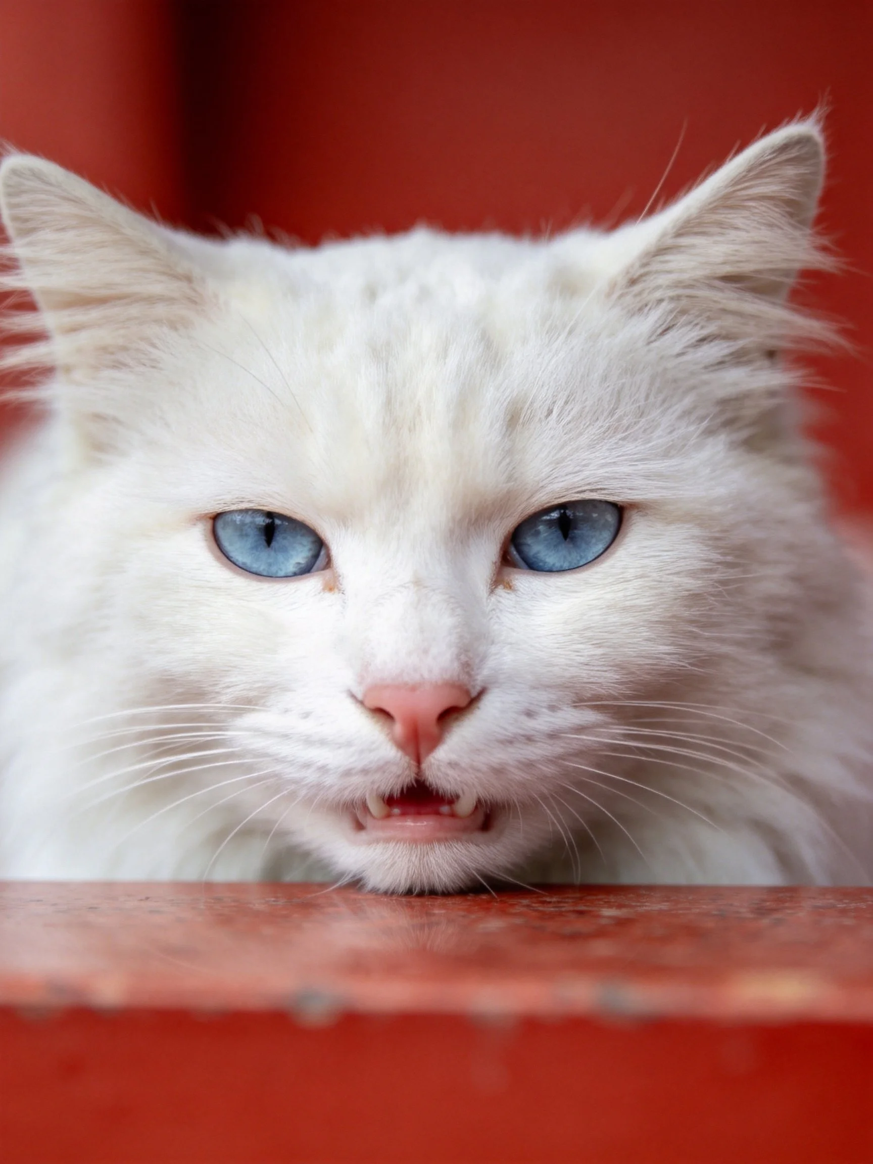 A fluffy white cat with blue eyes sits next to a red surface.