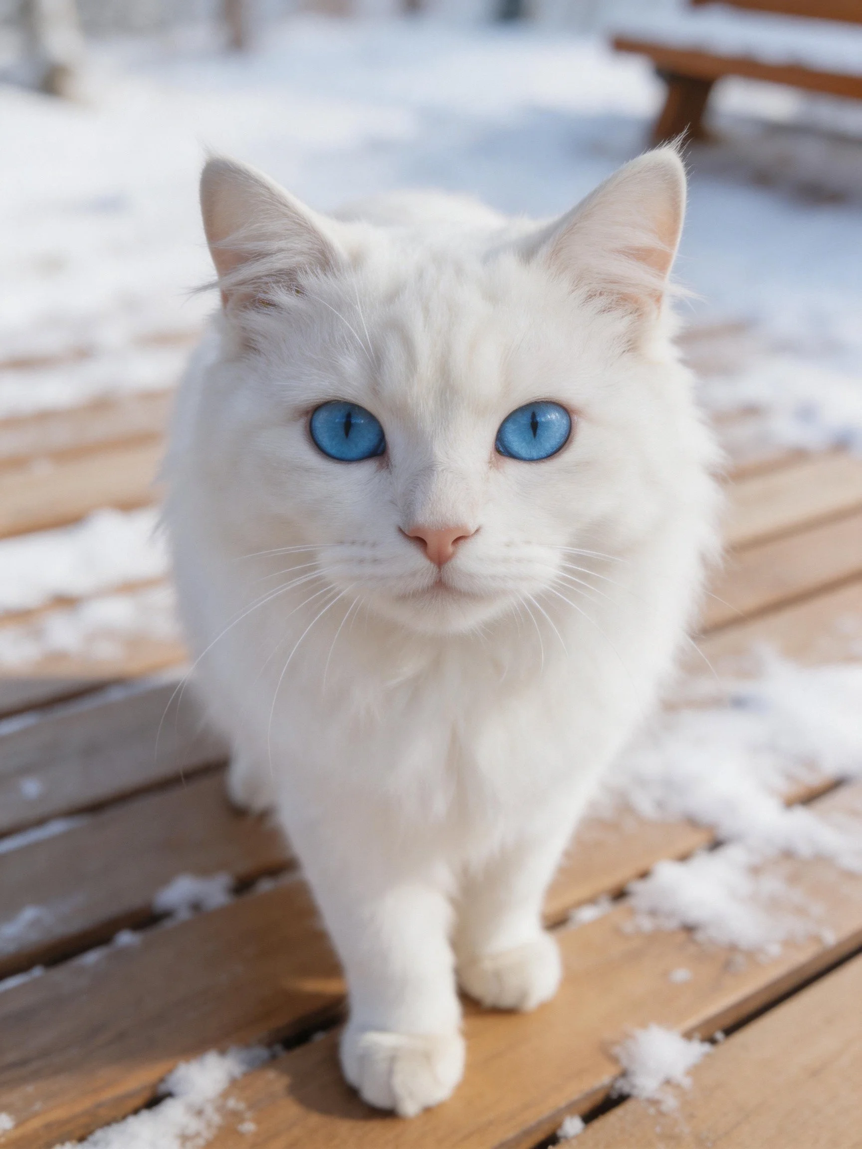 A white cat with blue eyes walks on a snow-dusted wooden surface.