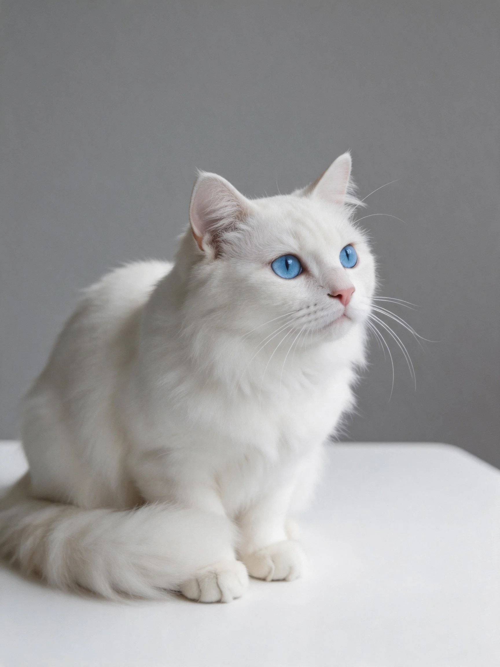 A white cat with vivid blue eyes sits serenely on a white surface.