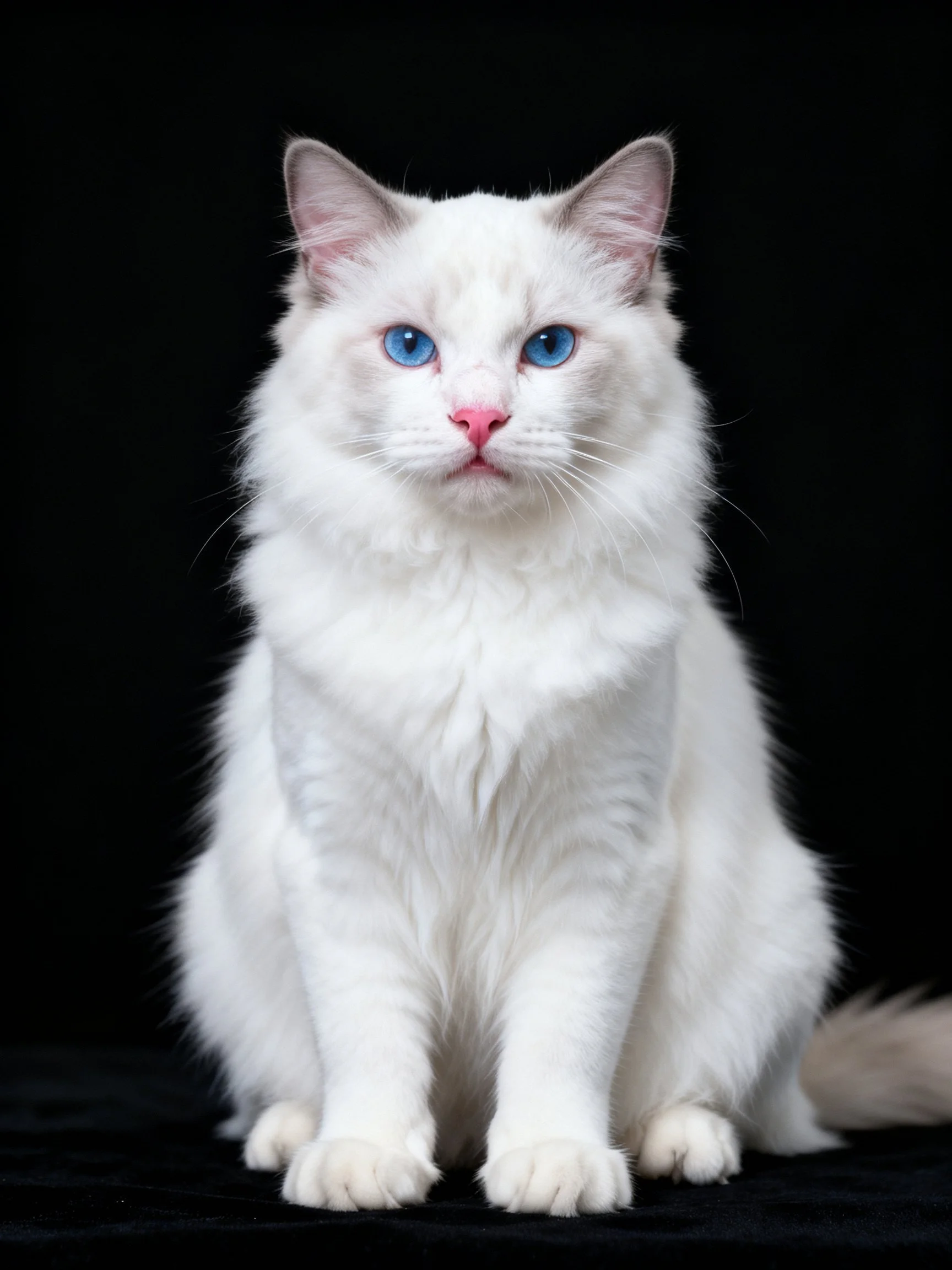 A fluffy white cat with bright blue eyes sits against a solid black backdrop.