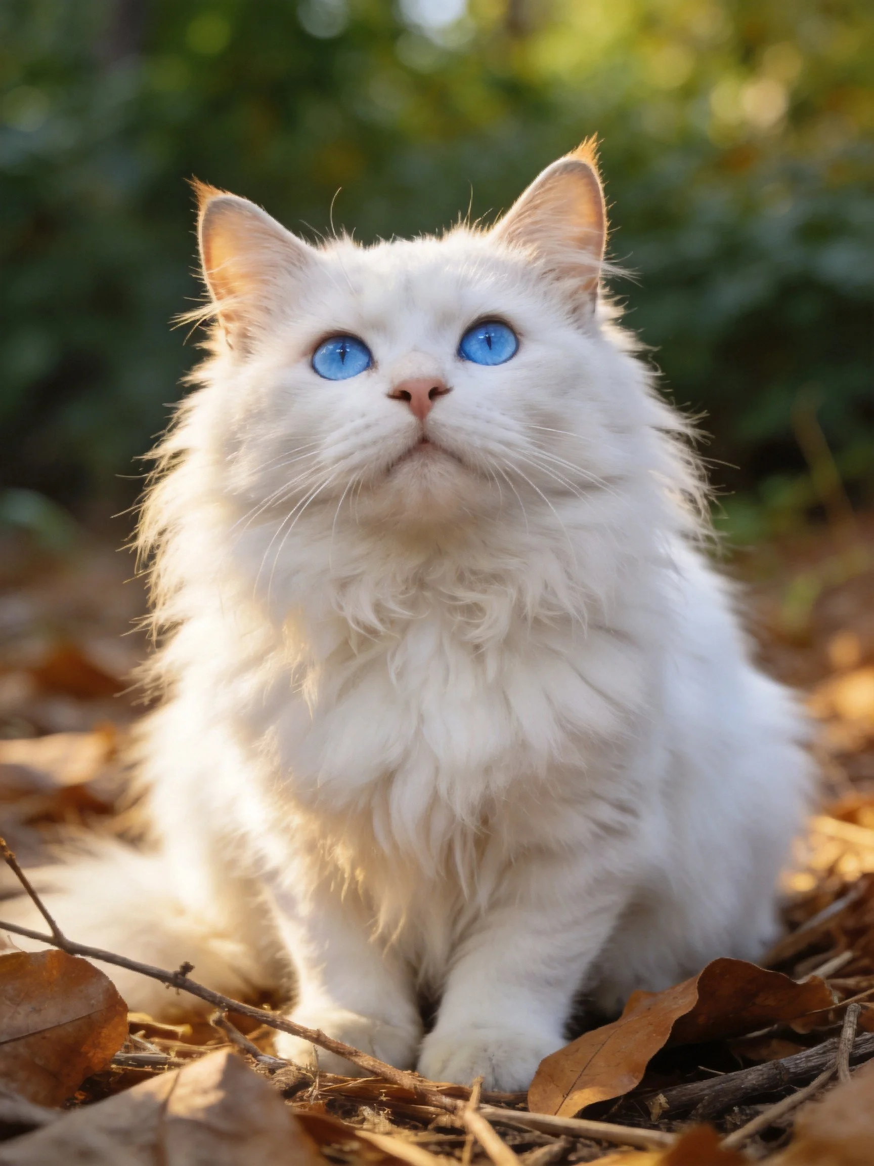 A fluffy white cat with blue eyes is seated among fallen leaves in an outdoor setting.