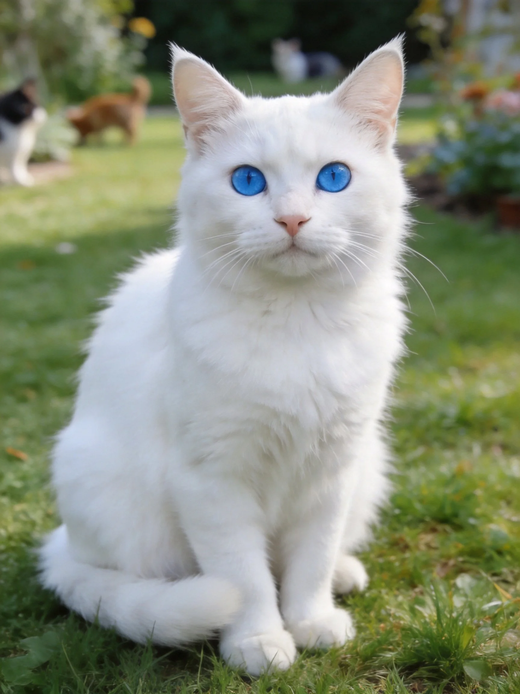A white cat with bright blue eyes sits calmly on green grass in a garden.