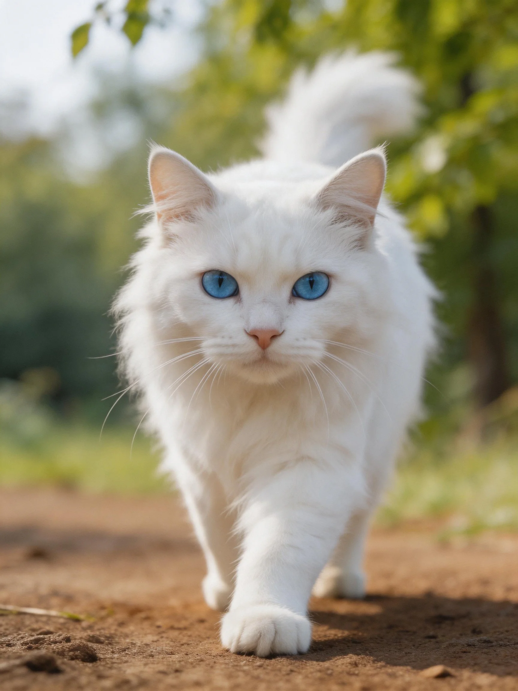 White cat with blue eyes walks on a dirt path in a green outdoor setting