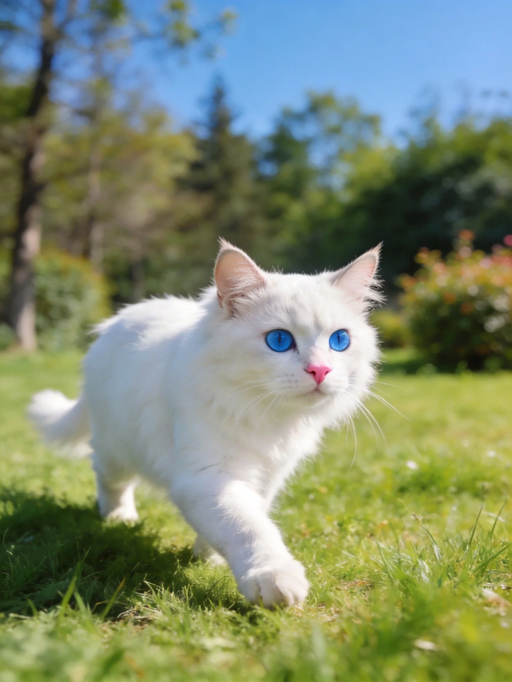 A white cat with blue eyes moves through sunny grassy terrain.