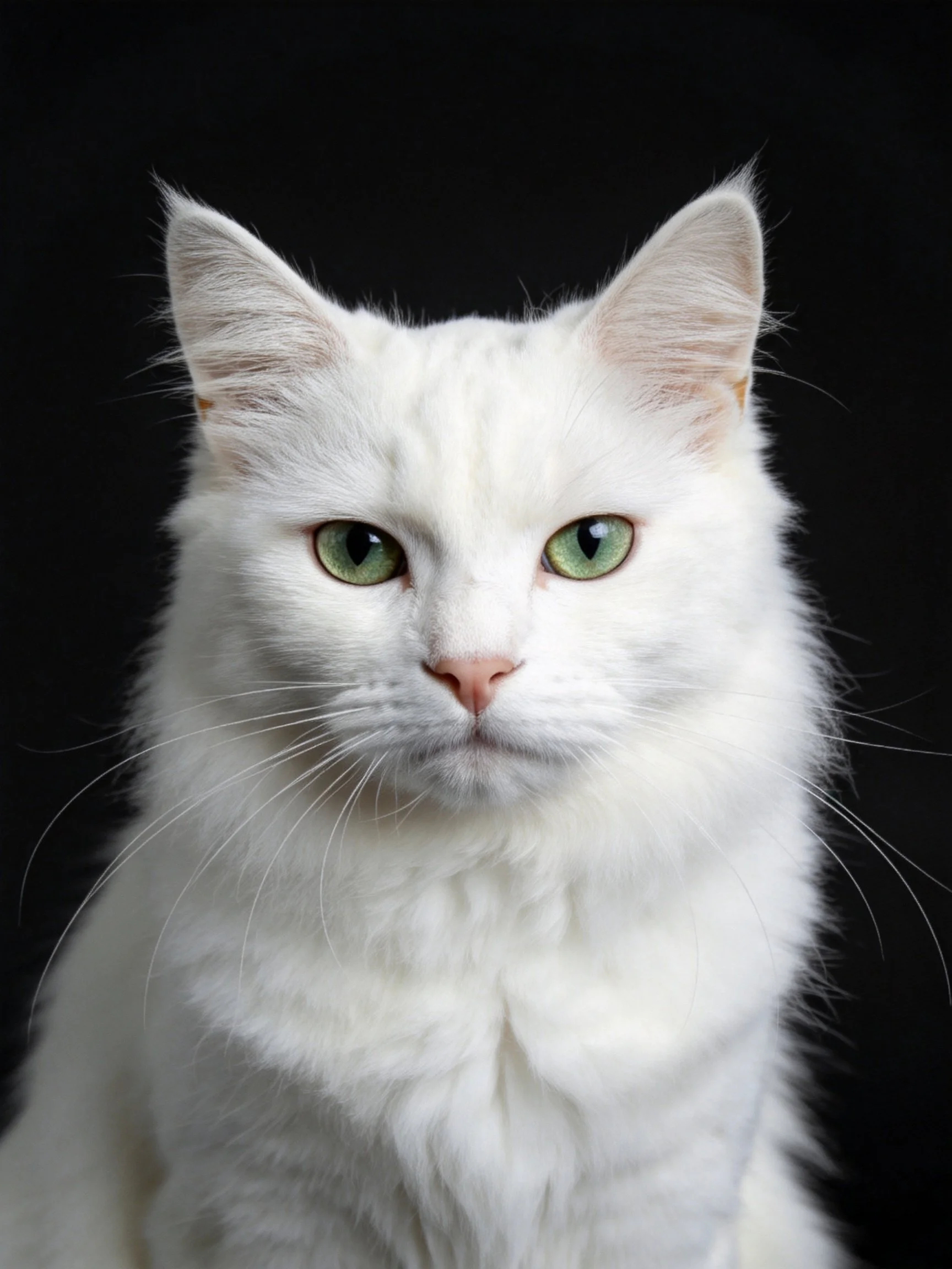 A fluffy white cat with bright green eyes is displayed against a dark background.