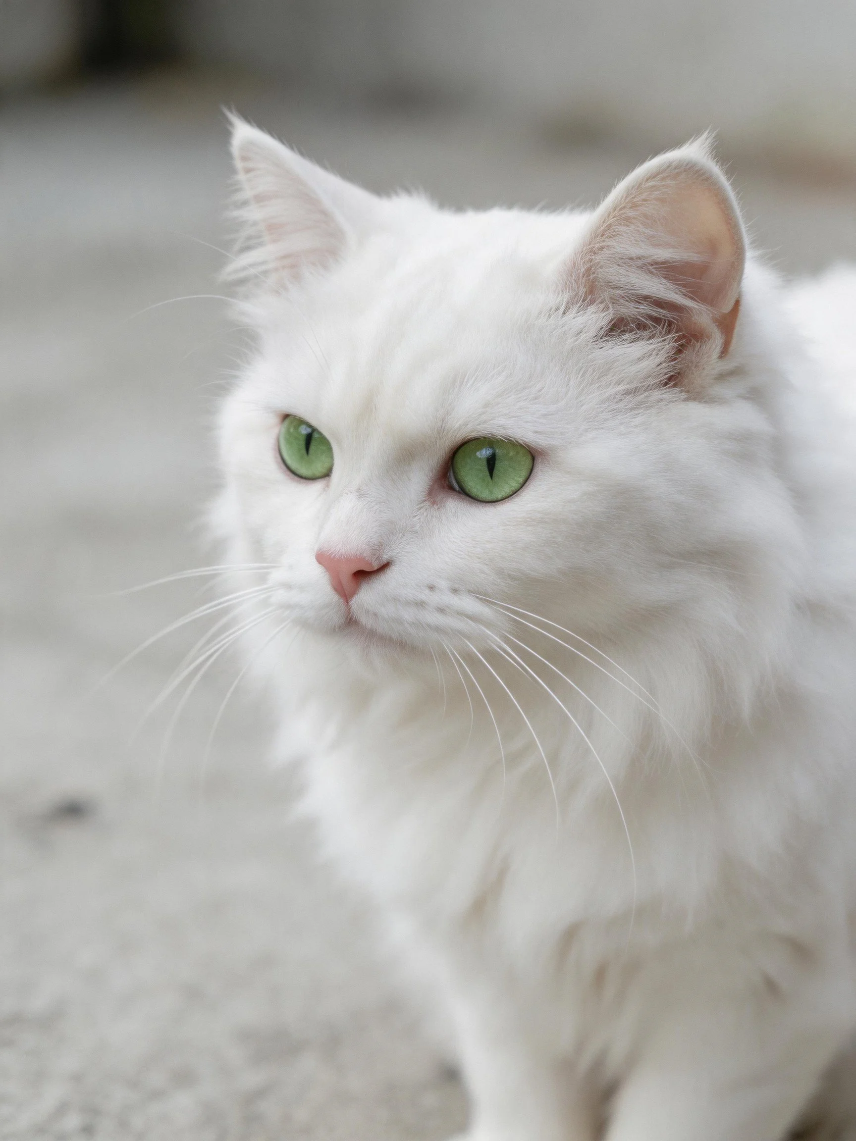 Fluffy white cat with green eyes on a concrete surface.