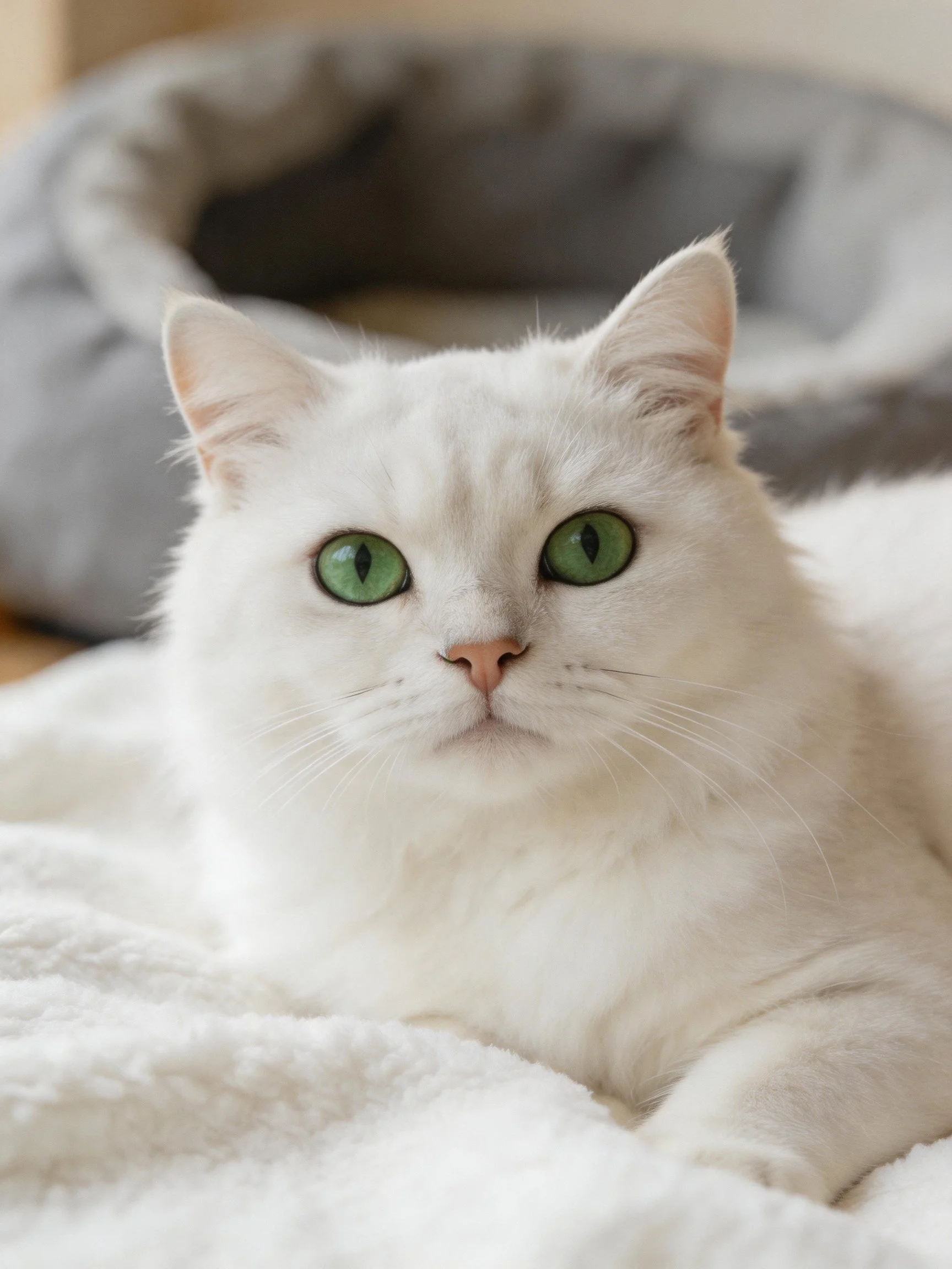 A white cat with green eyes rests on a soft blanket near a pet bed.