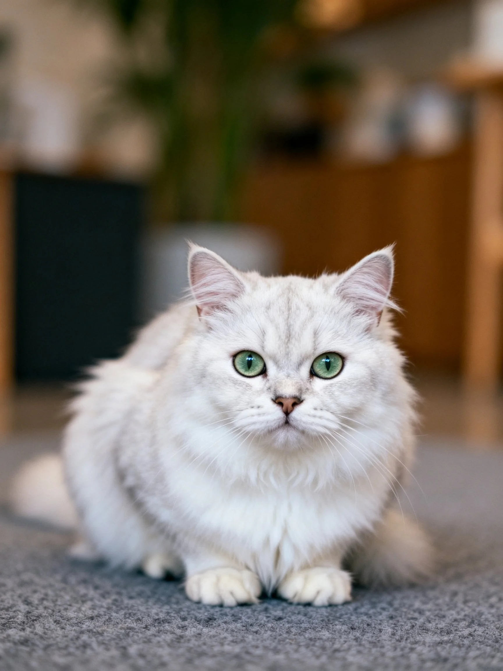 Fluffy white cat with green eyes sits calmly on a gray carpet indoors.