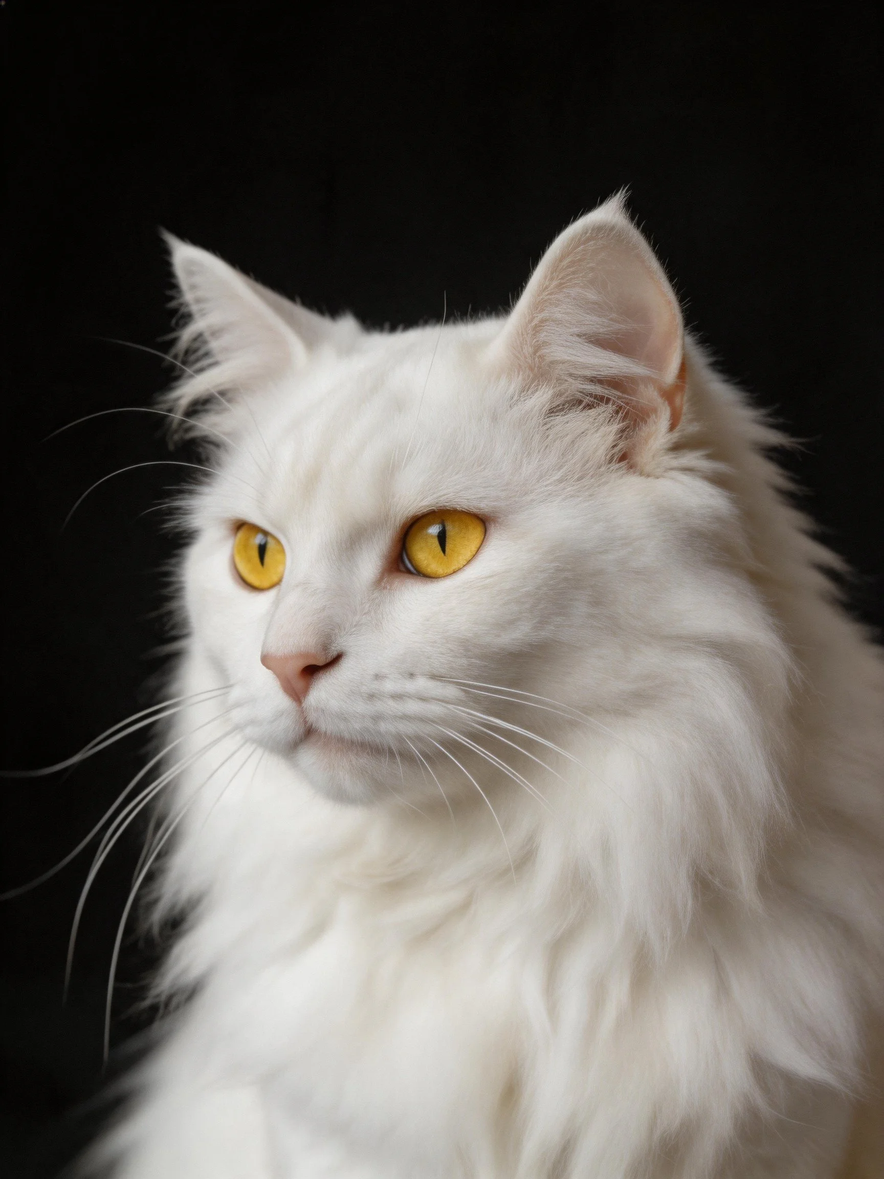 A fluffy white cat with bright yellow eyes observes against a dark backdrop.