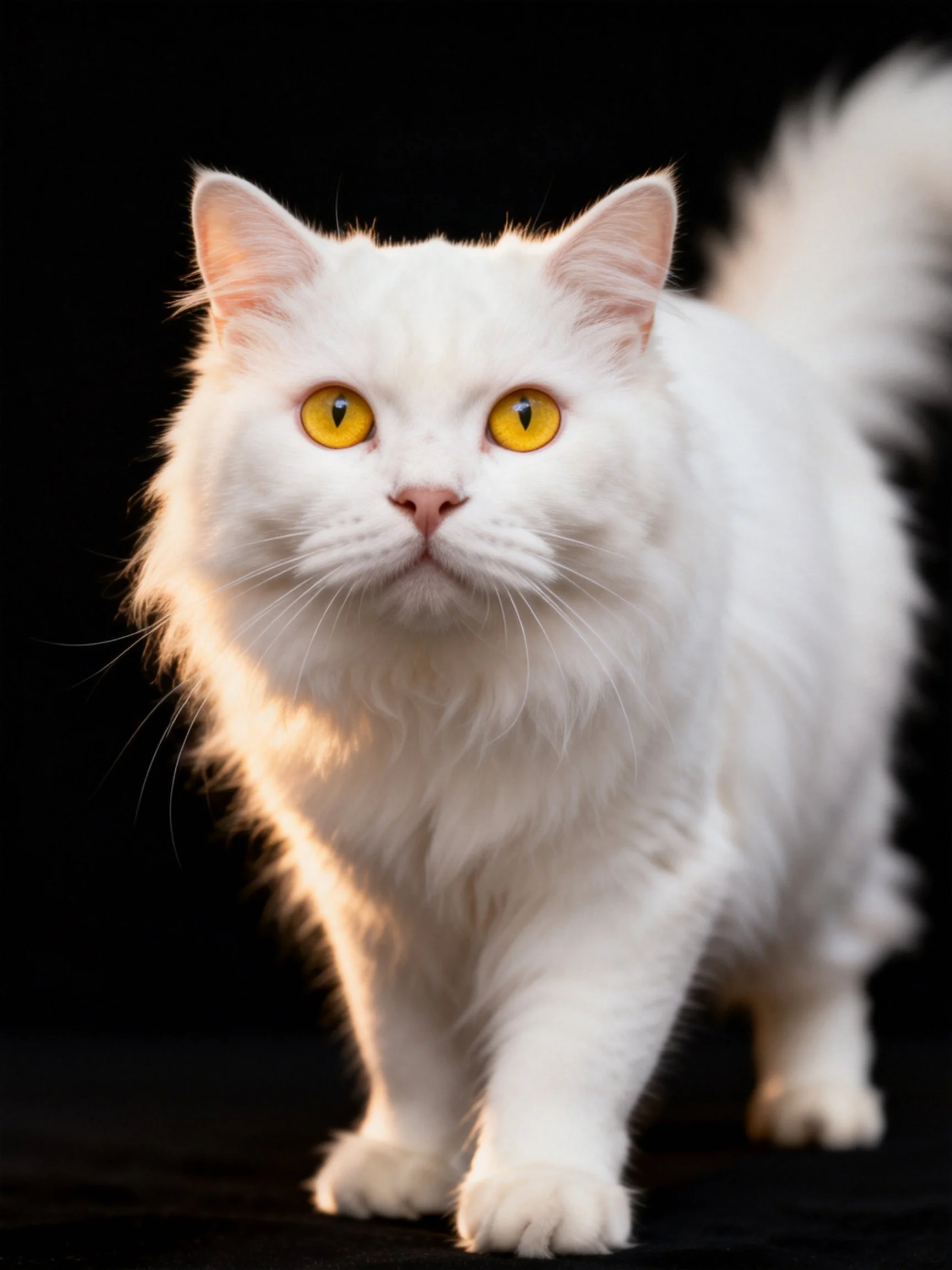A fluffy white cat with vivid yellow eyes stands out against a dark background.