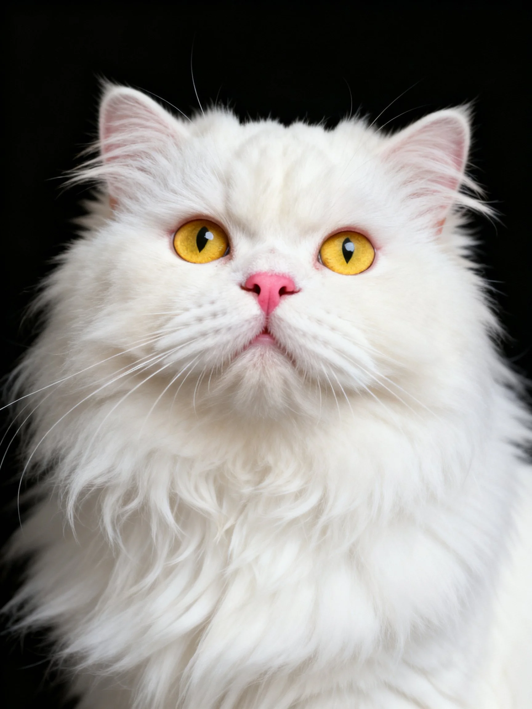 Close-up of a fluffy white cat with striking yellow eyes against a black background.