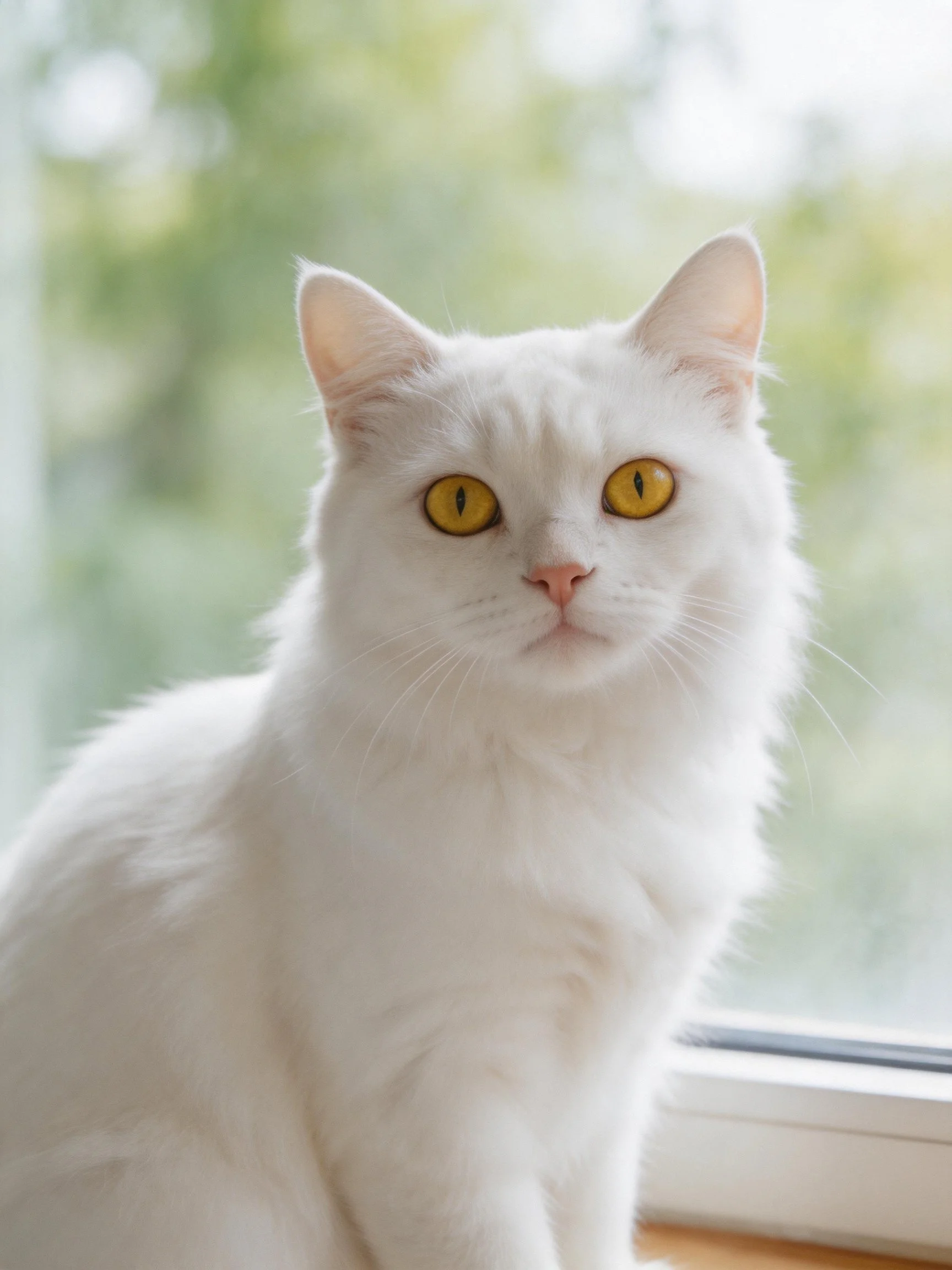 A fluffy white cat with bright yellow eyes sits near a window with a blurred green backdrop.
