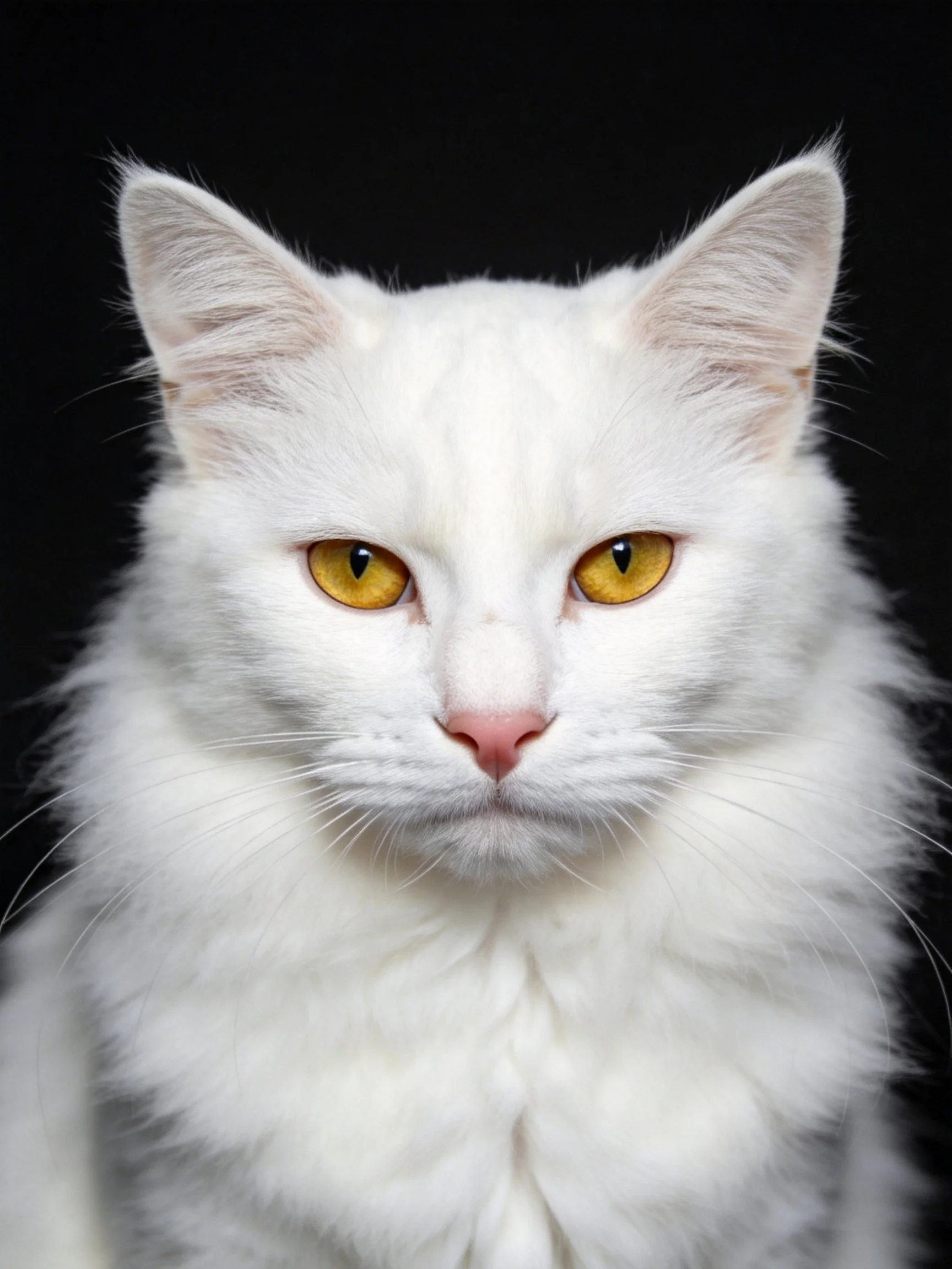 Close - up of a fluffy white cat with yellow eyes on a black backdrop.