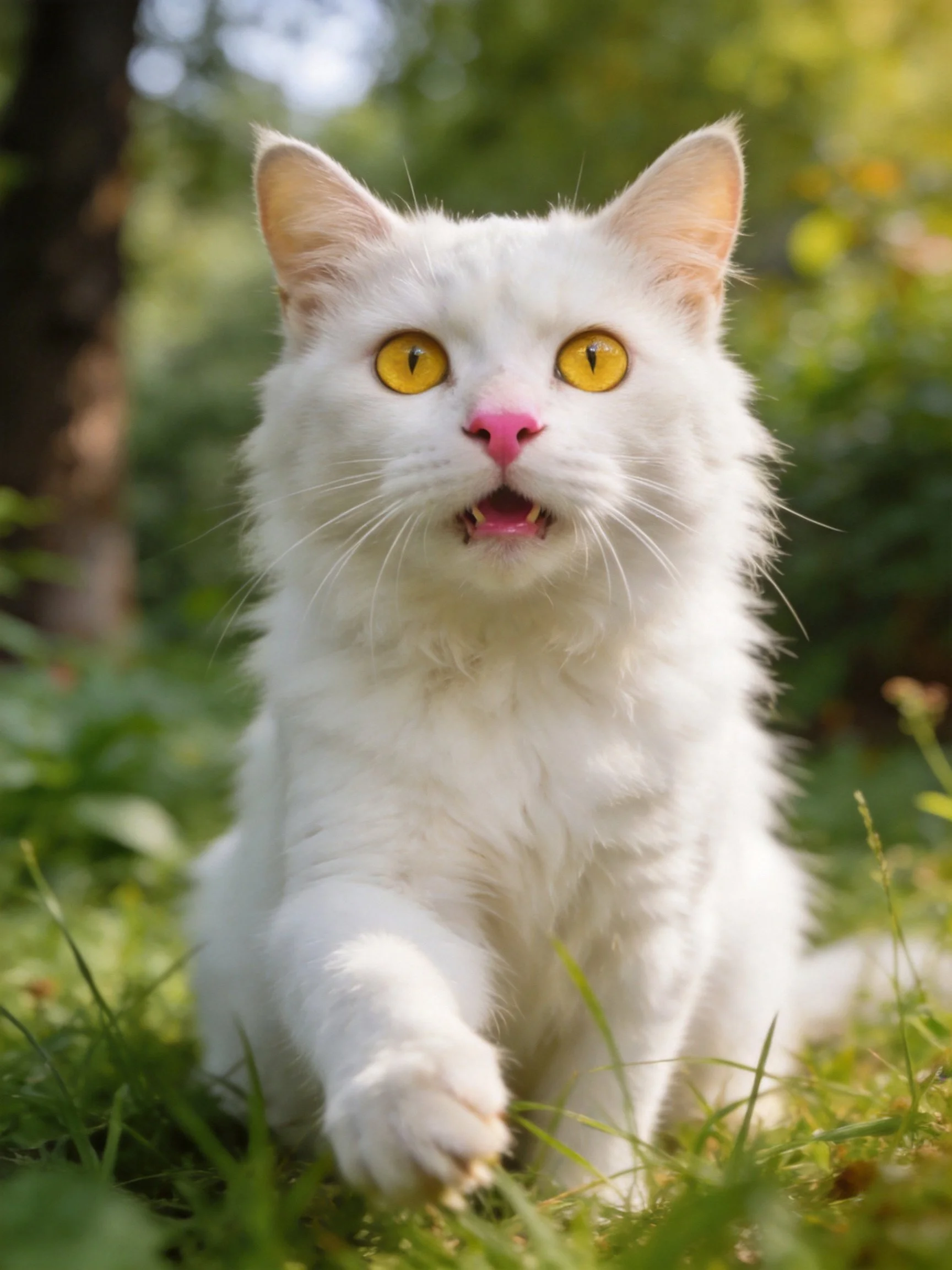 A white cat with bright yellow eyes sits on grass outdoors.