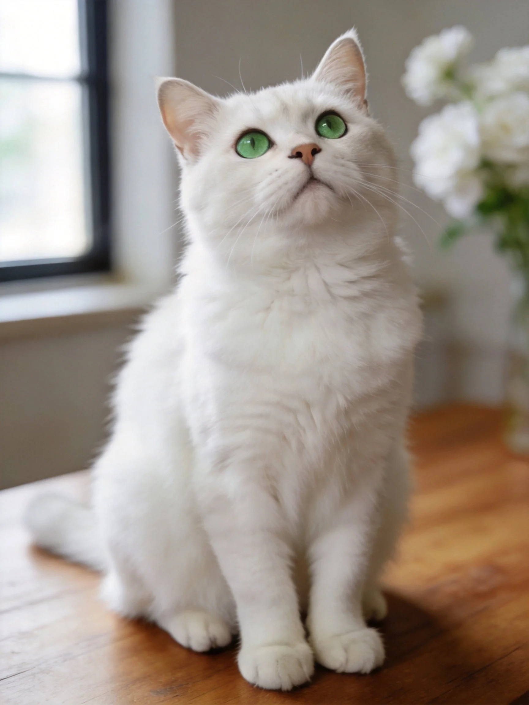 Fluffy white cat with emerald eyes perched on a wooden table