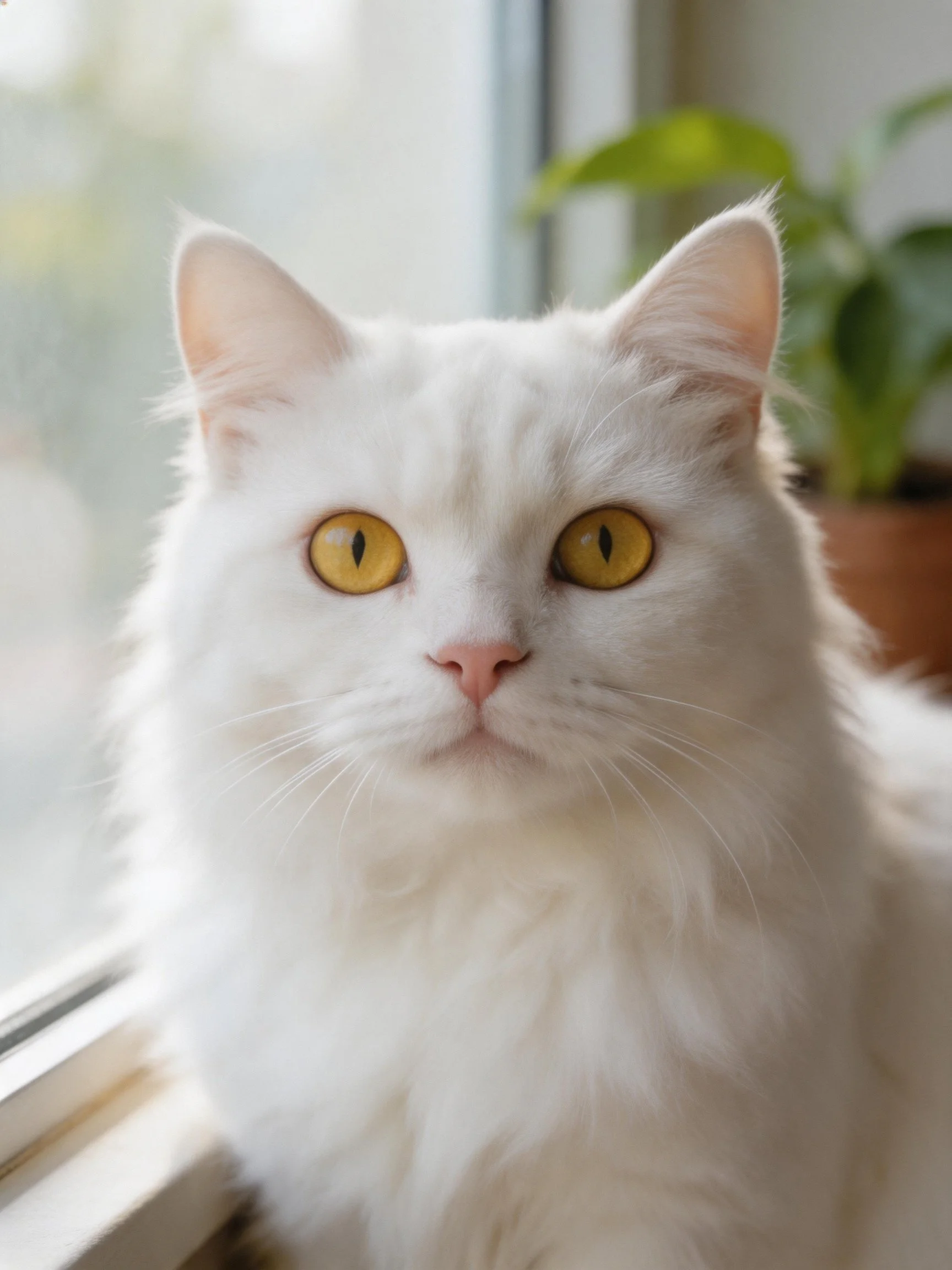 A fluffy white cat with golden eyes sits near a window.