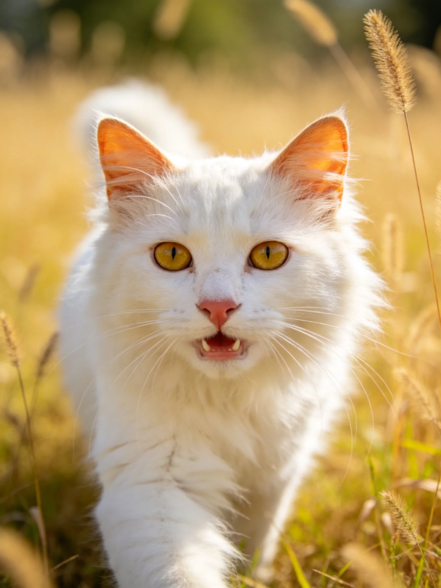 A fluffy white cat with golden eyes walks through sunlit grass.