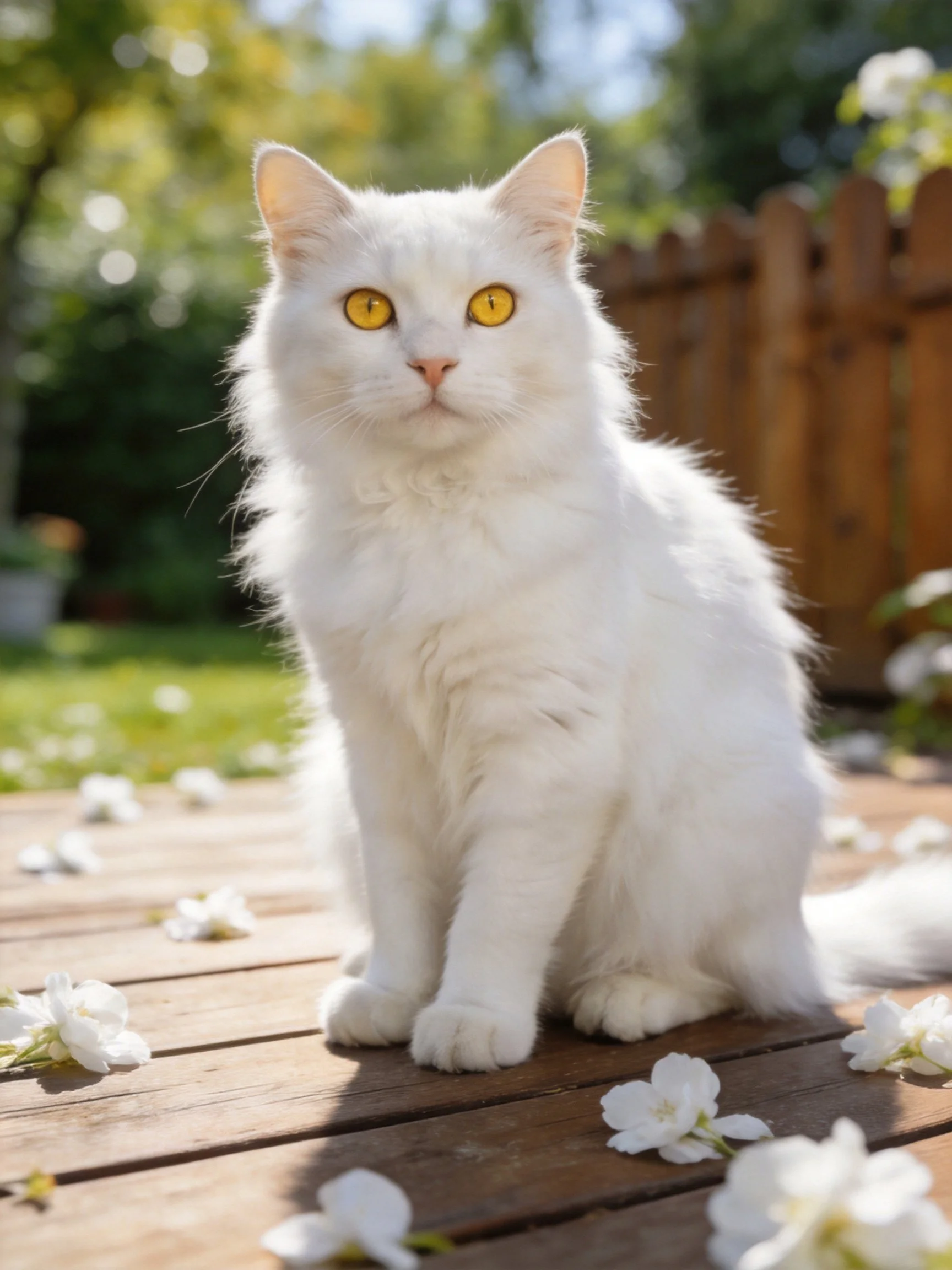 Fluffy white cat with golden eyes sits on wooden deck amid scattered flowers.